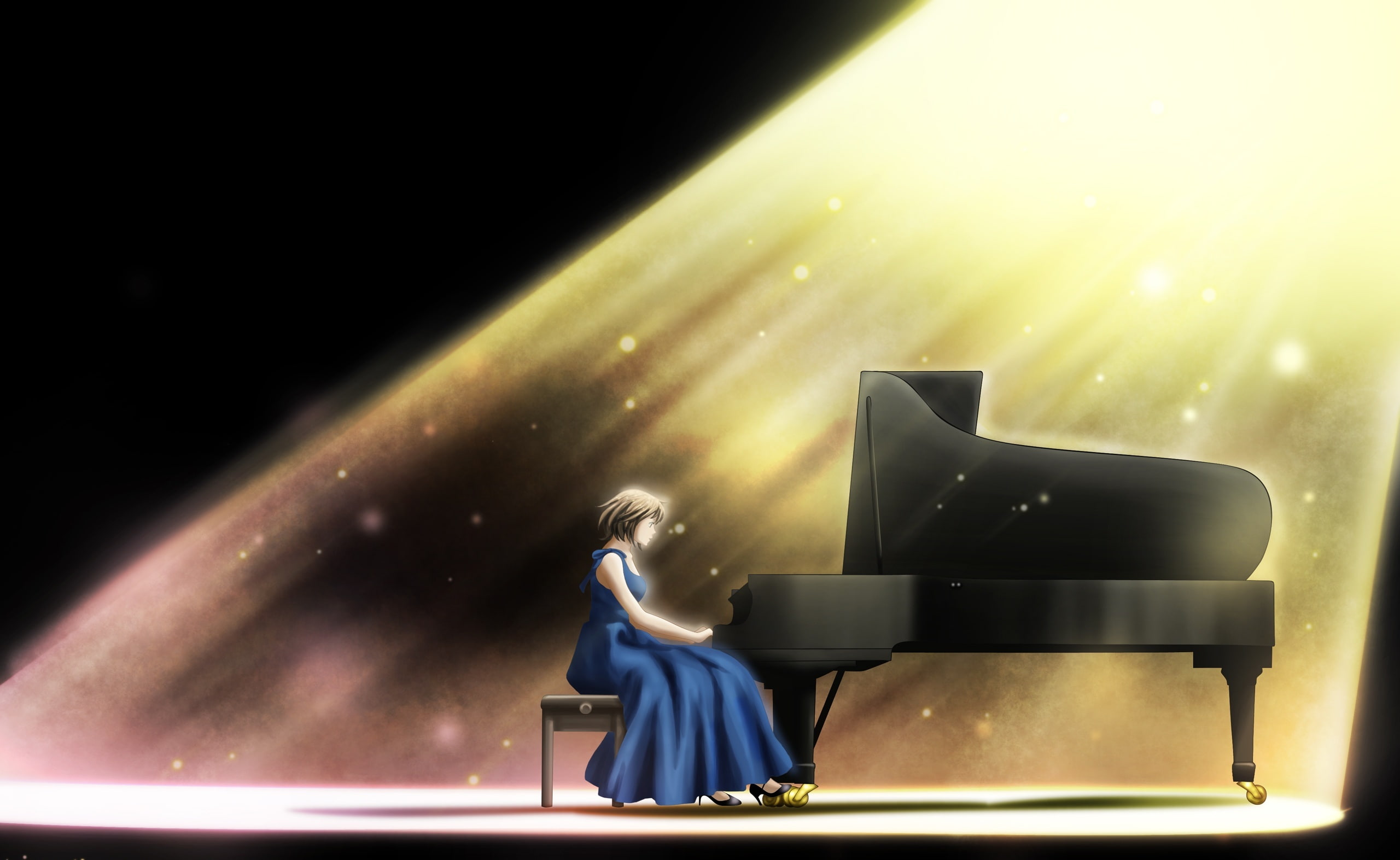 Artistic, night, adult, Anime, seat, indoors, woman, stage - performance space, Nodame, illuminated, chair, corporate business, playing, light - natural phenomenon, HD Wallpaper