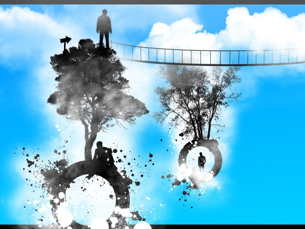 nature, architecture, blue, water, standing, people, 480P, life, abstract, motion, tree, trees, outdoors, digital art, no people, cloud - sky, painting, HD Wallpaper