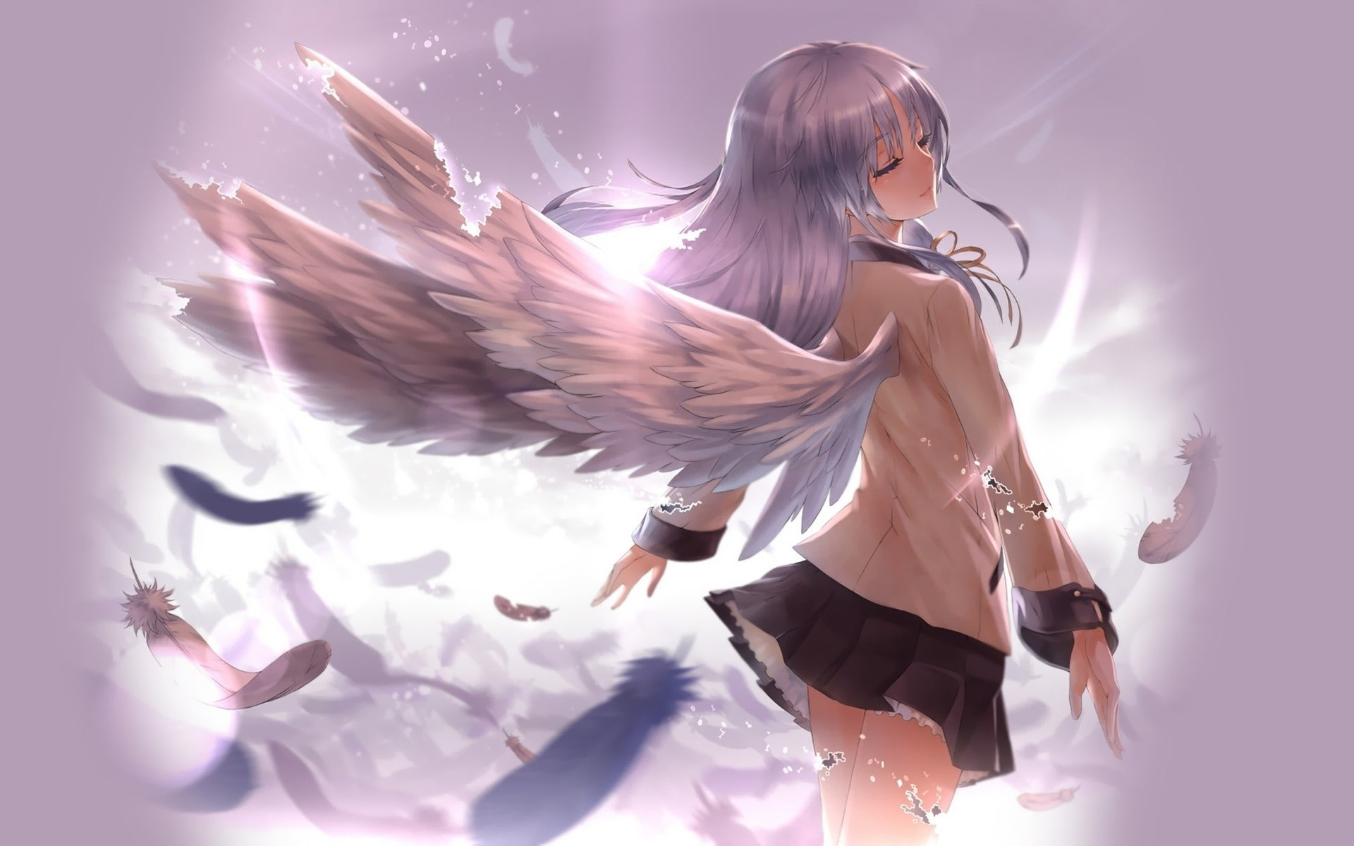angel, skirts, art, feathers, close, tachibana, 1080P, school, hot, anime, uniforms, long, purple, hd, beats, angel beats, kanade, wings, hair, HD Wallpaper