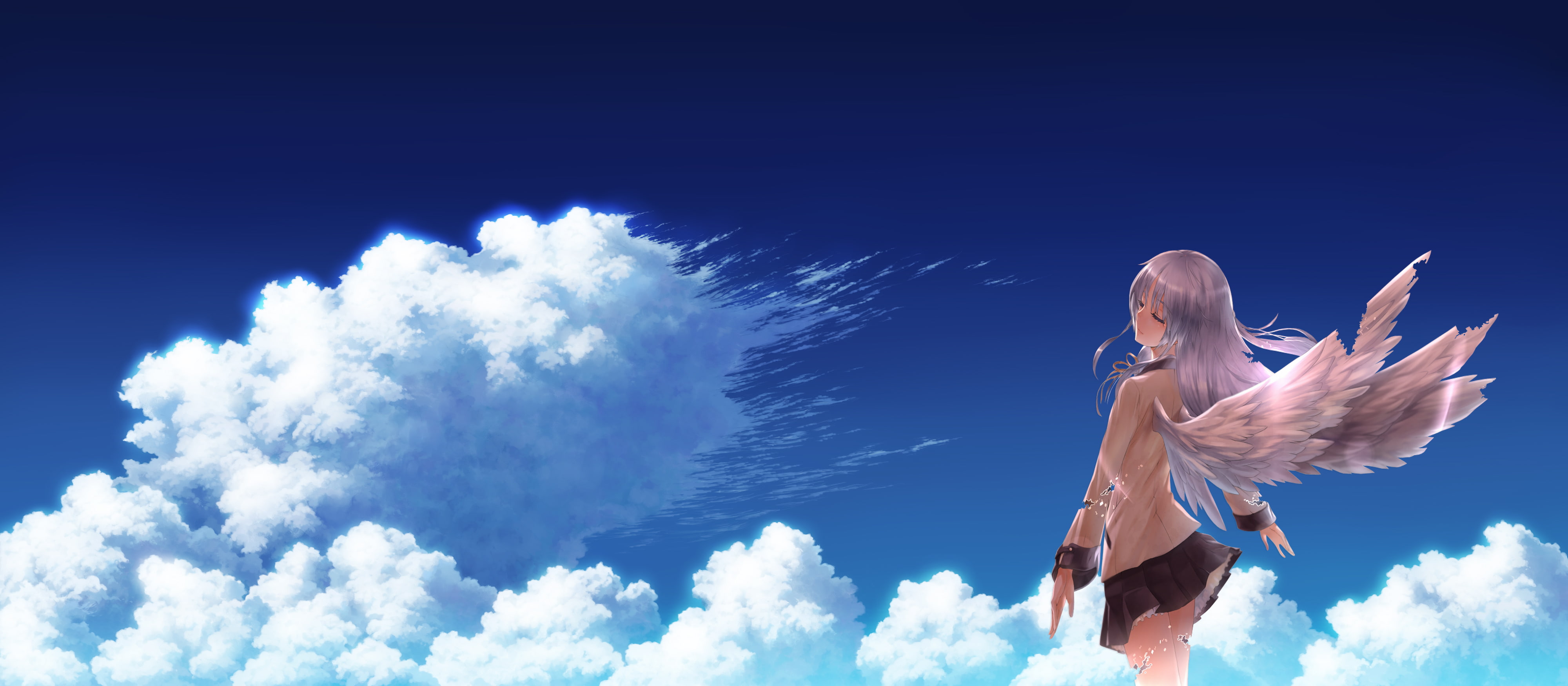 Tachibana Kanade, wings, school uniform, anime girls, 4K, anime, sky, schoolgirl, clouds, angel, Angel Beats!, HD Wallpaper