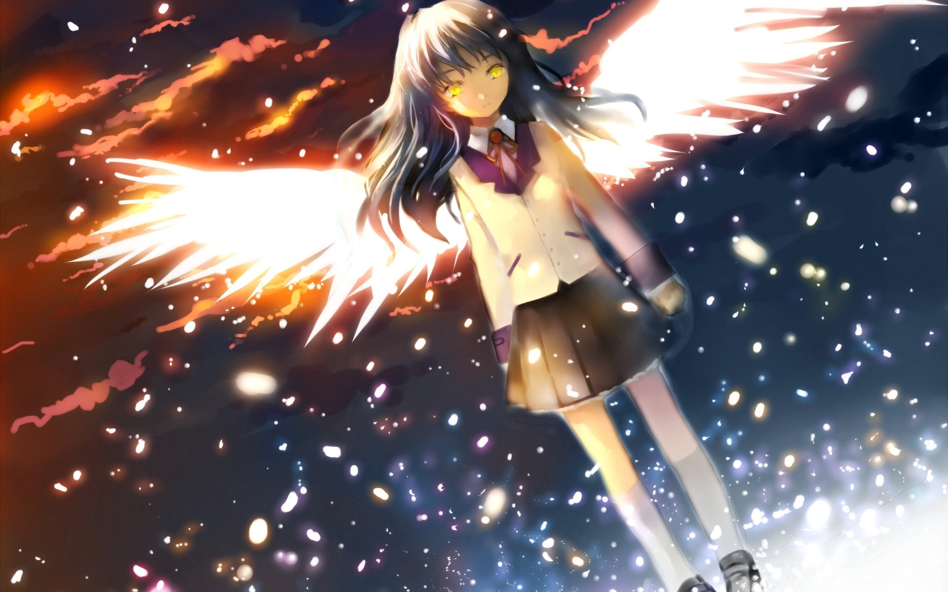 brunette, girl, full length, smiling, sky, sparks, heat - Temperature, party - Social Event, 1080P, cheerful, angel beats, fantasy, wings, real people, HD Wallpaper