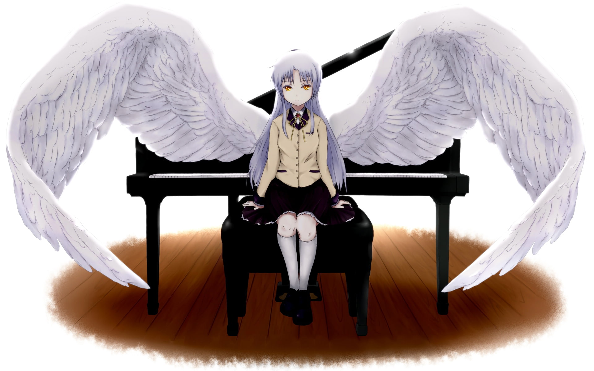 seifuku, wings, yellow, skirt, angel, kneehighs, white, kanade, beats, eyes, long, tachibana, instrument, 1080P, hair, piano, HD Wallpaper