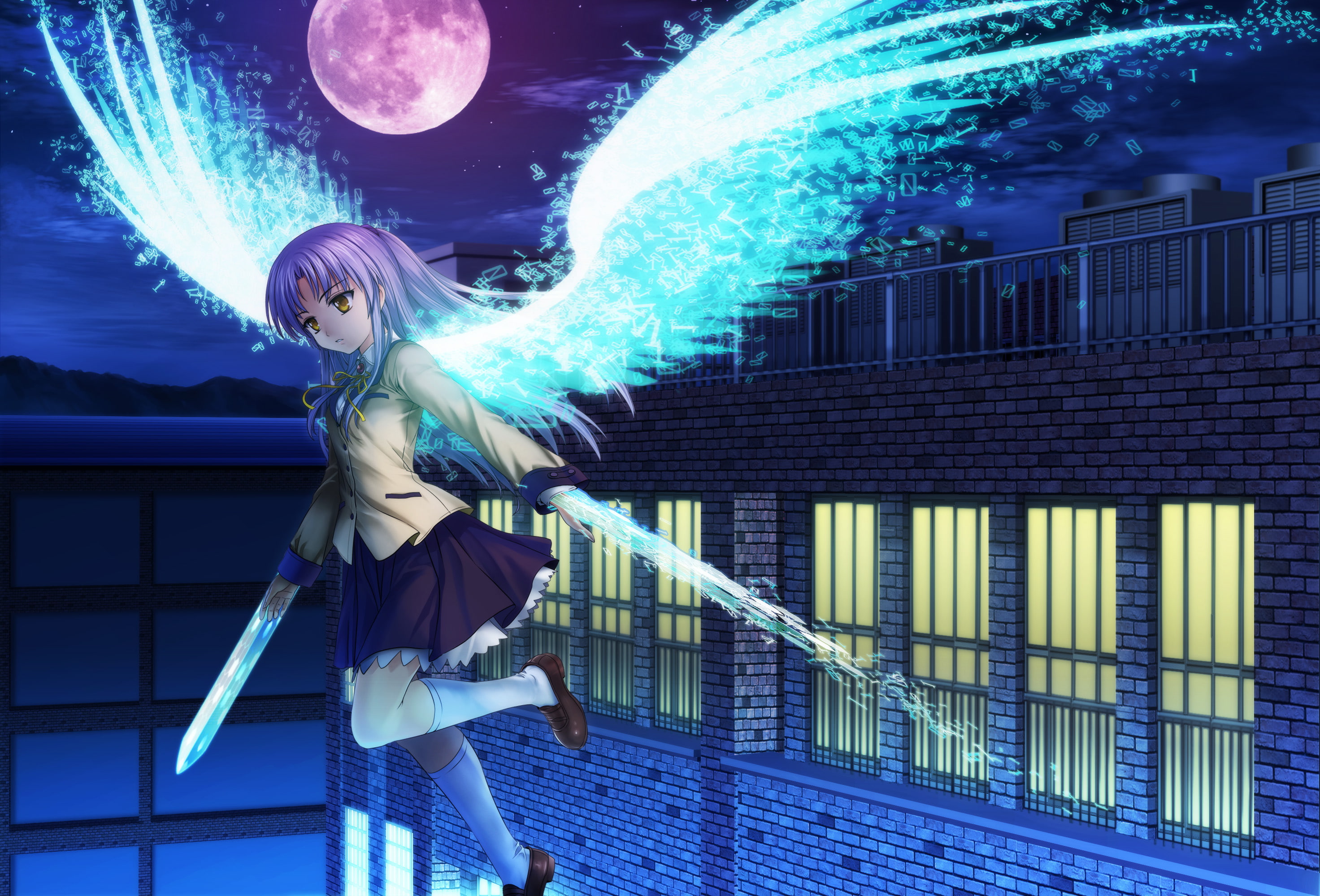kanade, eyes, wings, beats, white, angel, yellow, moon, long, moonknives, skirt, 2K, sky, night, kneehighs, tachibana, hair, HD Wallpaper