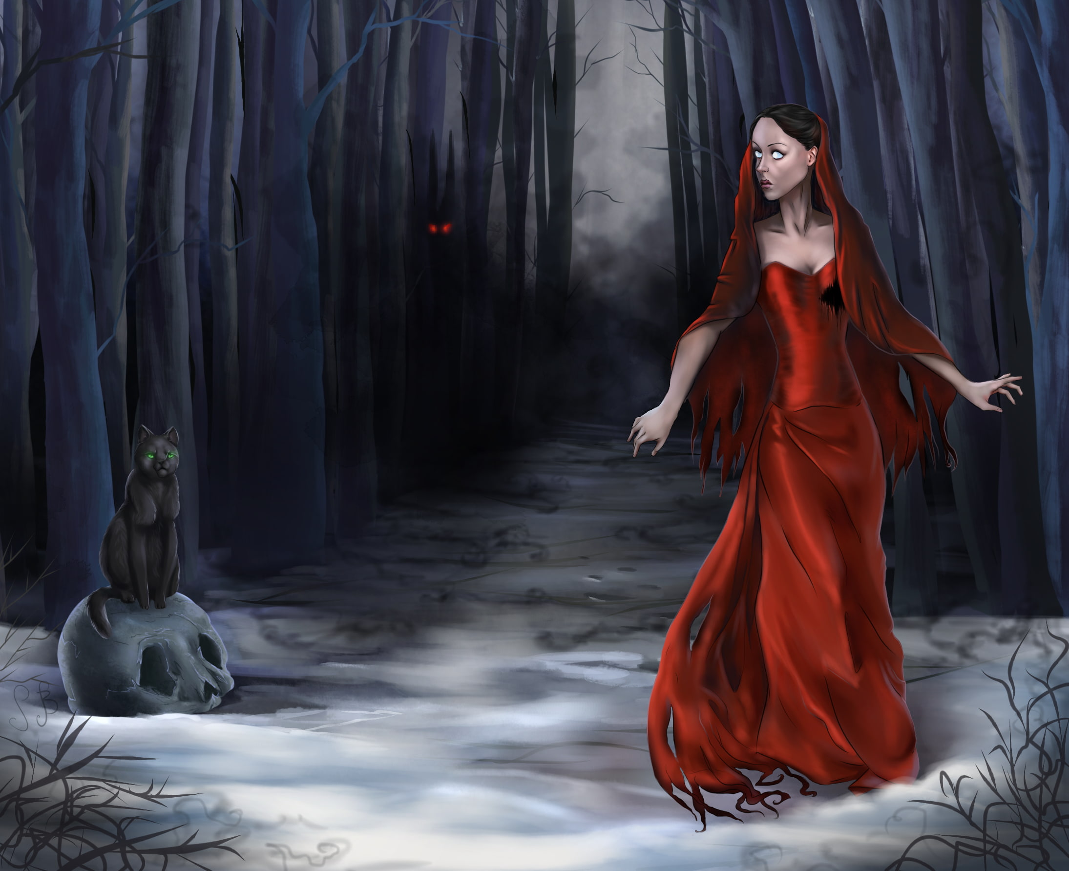 fantasy, Save Me From The Dark, in red, fog, cat, girl, dress, trees, figure, skull, fear, art, 1080P, night, Halloween, forest, eyes, HD Wallpaper