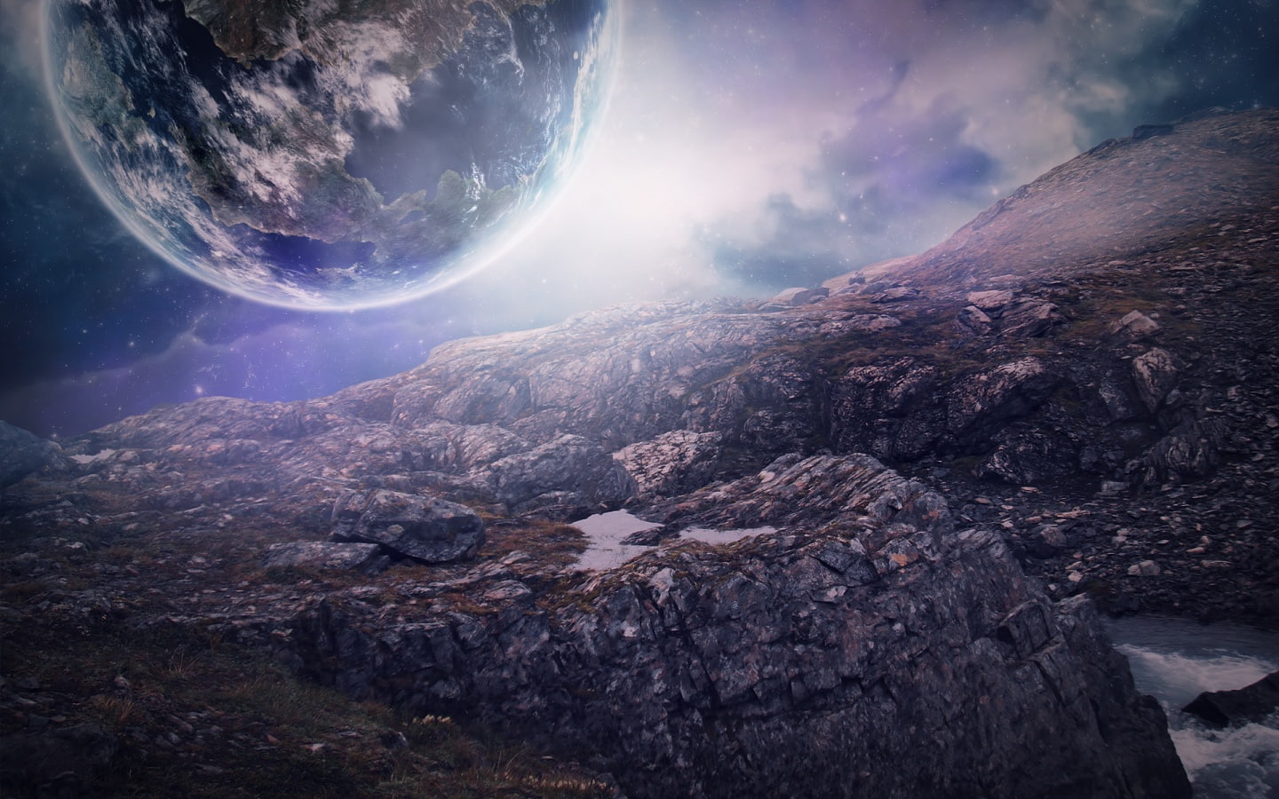 sky, moon, 720P, no people, space, landscape, cloud - sky, rock - object, scenics - nature, environment, lens flare, planet - space, nature, digital, Earth, HD Wallpaper