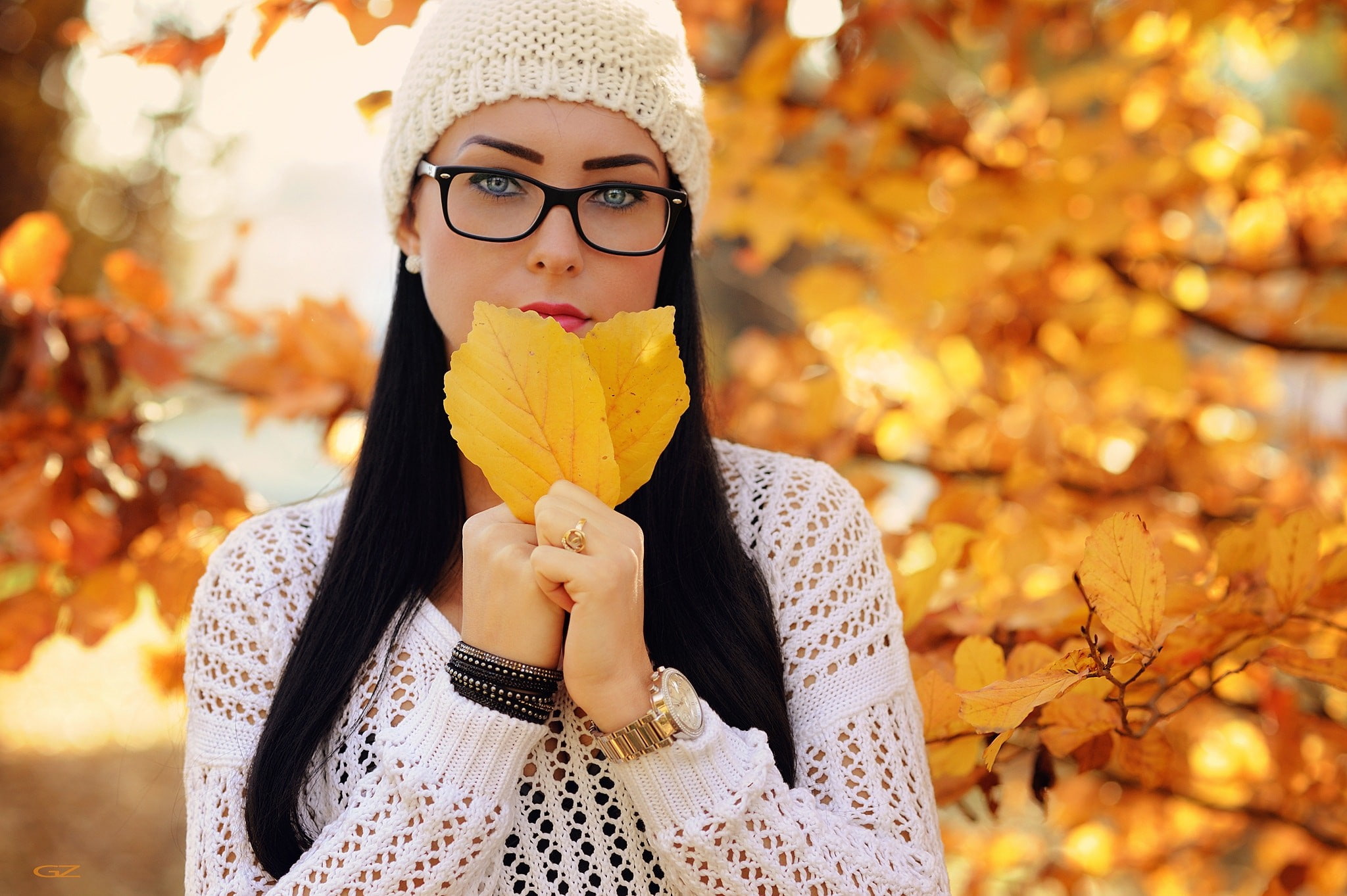 portrait, women, black hair, depth of field, glasses, Giovanni Zacche, 1080P, leaves, HD Wallpaper