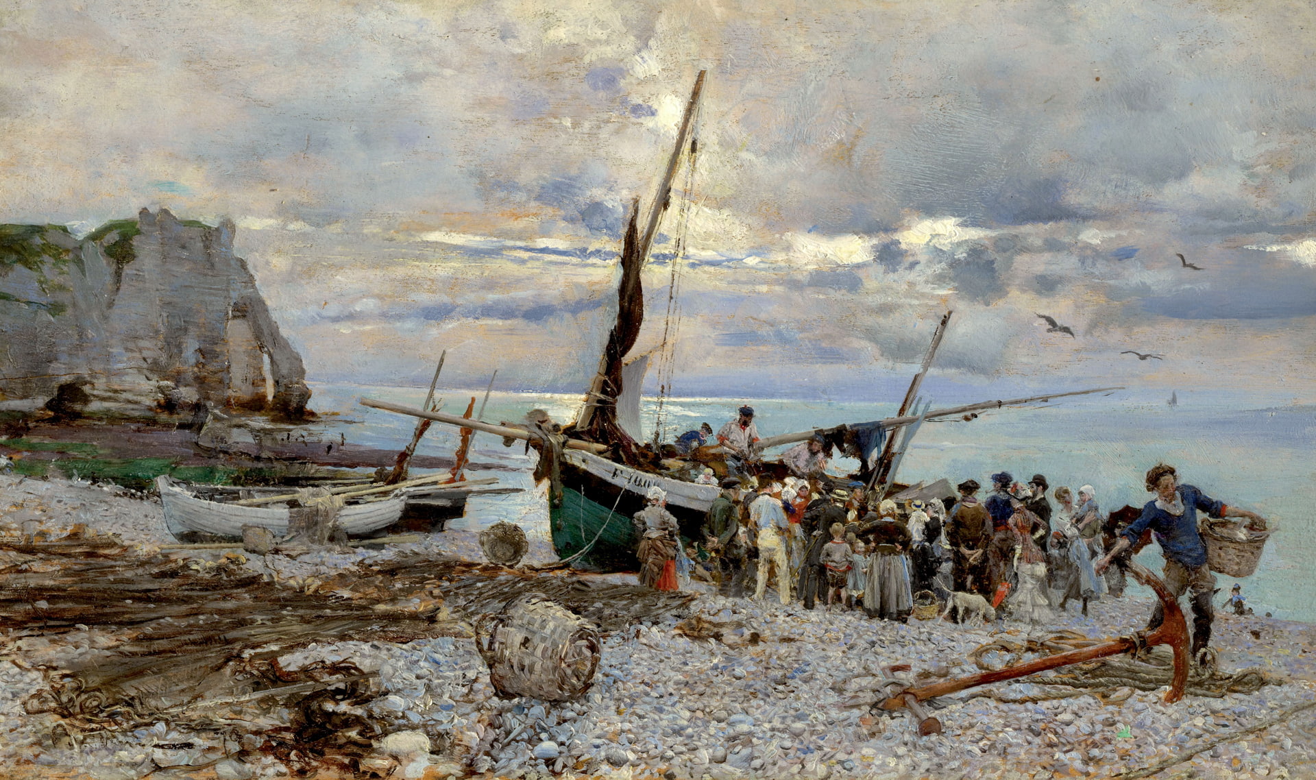 people, picture, sea, 1080P, rocks, Giovanni Boldini, shore, Étretat, The Return Of Fishing Boats, seascape, HD Wallpaper