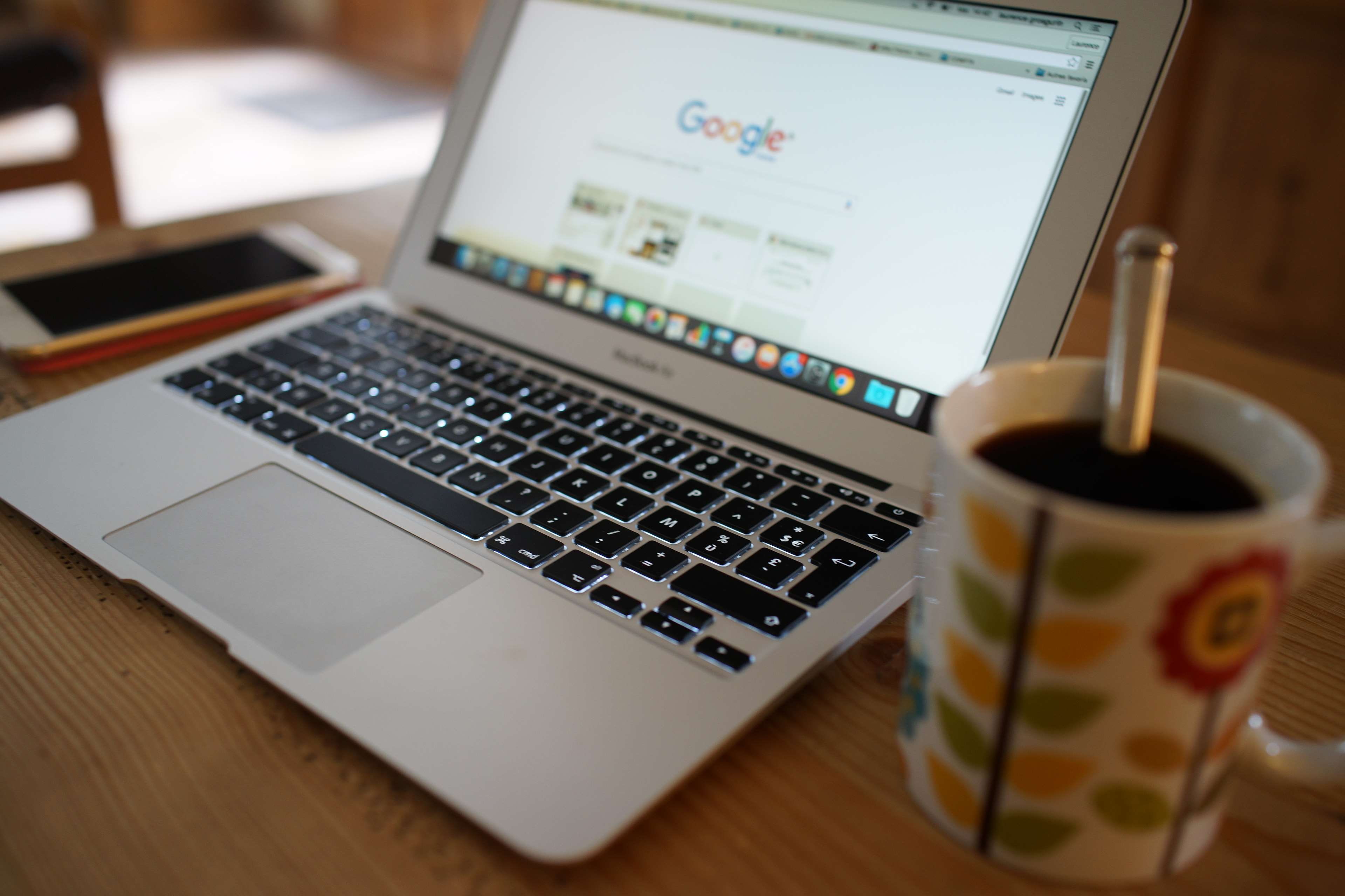 iphone 6 plus, selective focus, macbook air, 4K, computer, drink, connection, home interior, laptop, table, technology, furniture, no people, home, refreshment, HD Wallpaper