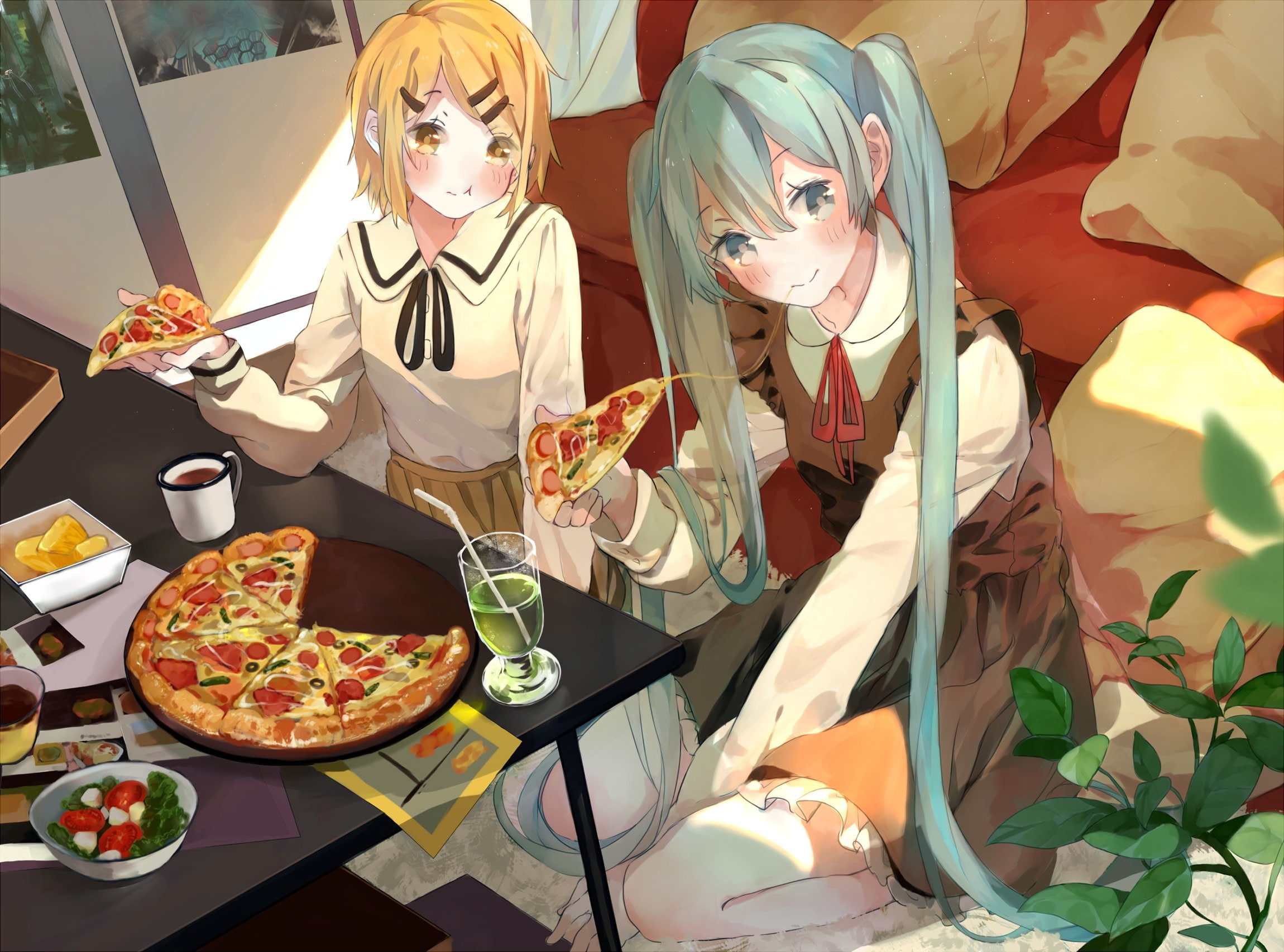 girls, miku, eyes, hair, hatsune, food, rin, leaves, bou, kagamine, 1080P, aqua, yellow, shaku, vocaloid, blonde, short, long, drink, HD Wallpaper