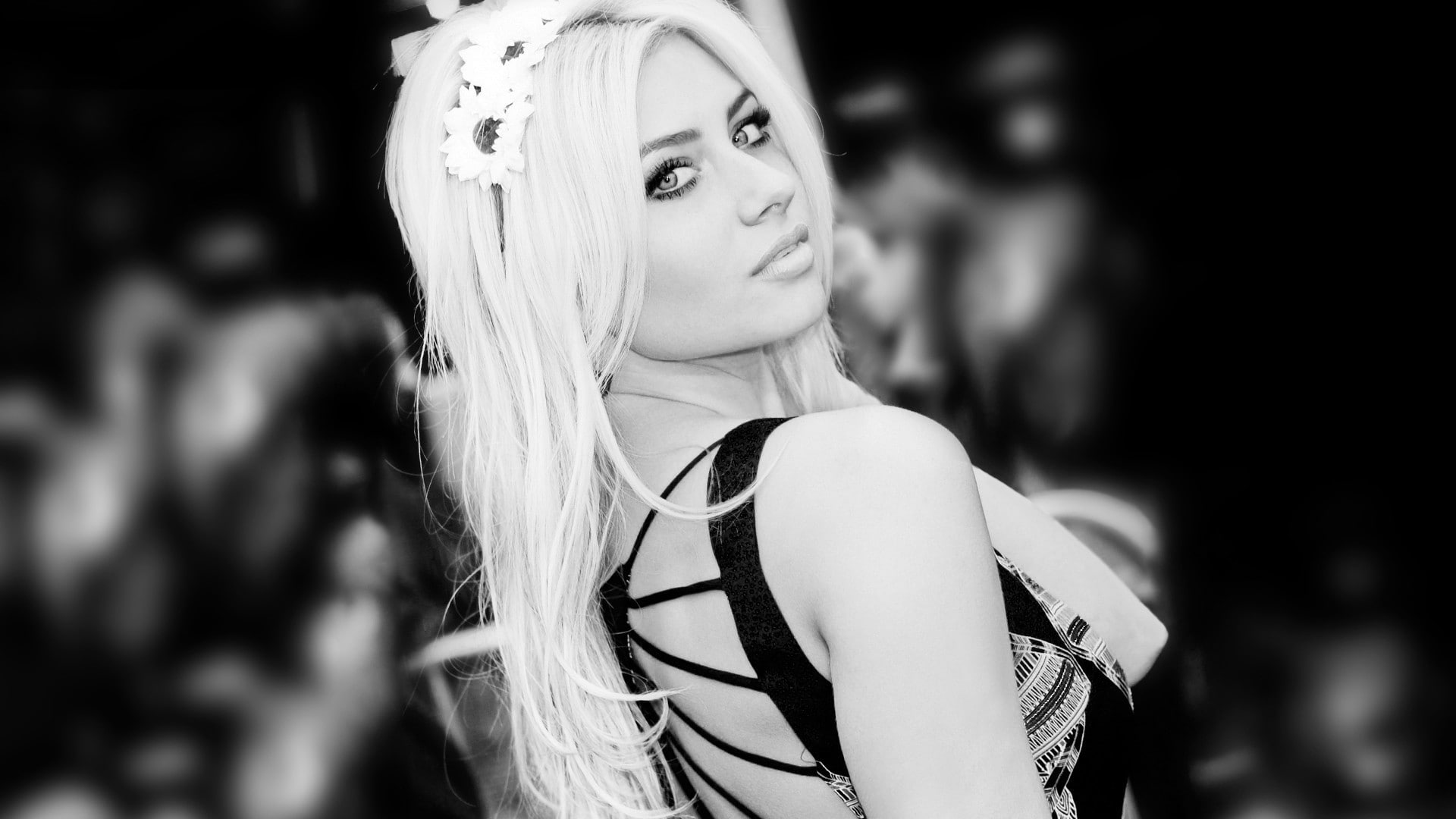 Alyson Michalka, 1080P, back, dress, Blonde, monochrome, HD Wallpaper
