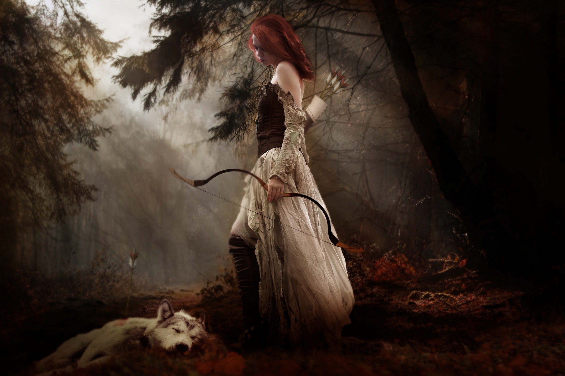 Woods, fog, wolves, CG, mood, animals, Gothic, art, females, weapons, babes, Redheads, digital, gown, Girls, manipulation, Trees, forest, 1080P, Arcger, HD Wallpaper