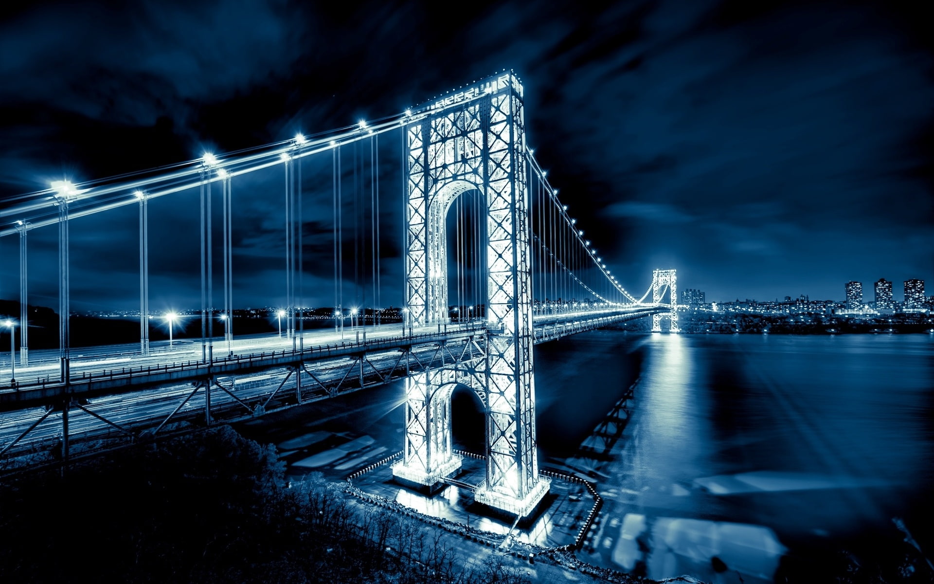 night, bridges, cities, 1080P, manhattan, buildings, george, rivers, bridge, architecture, washington, jersey, lights, HD Wallpaper