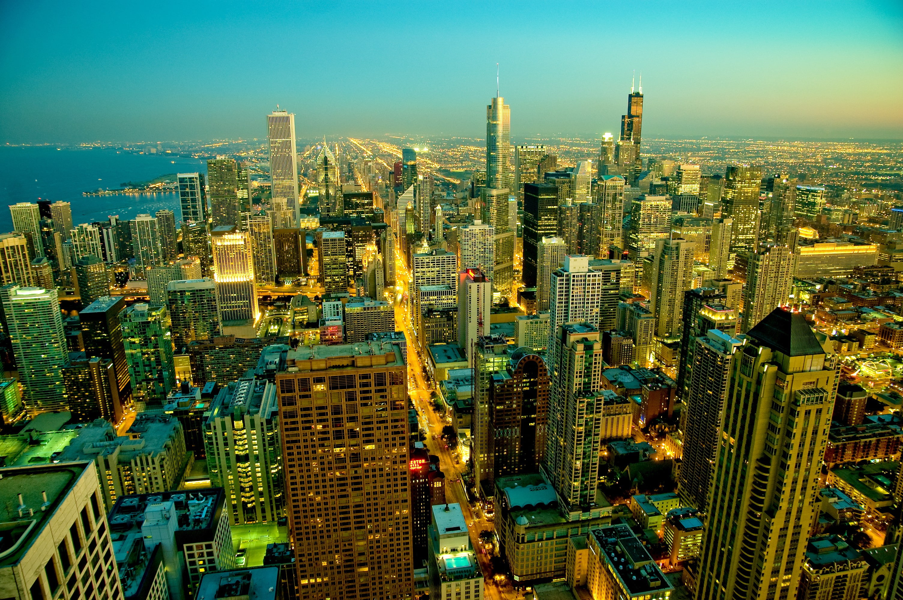aerial, Chicago, 2K, lights, morning, home, view, panorama, metropolis, Illinois, photography, USA, city, HD Wallpaper