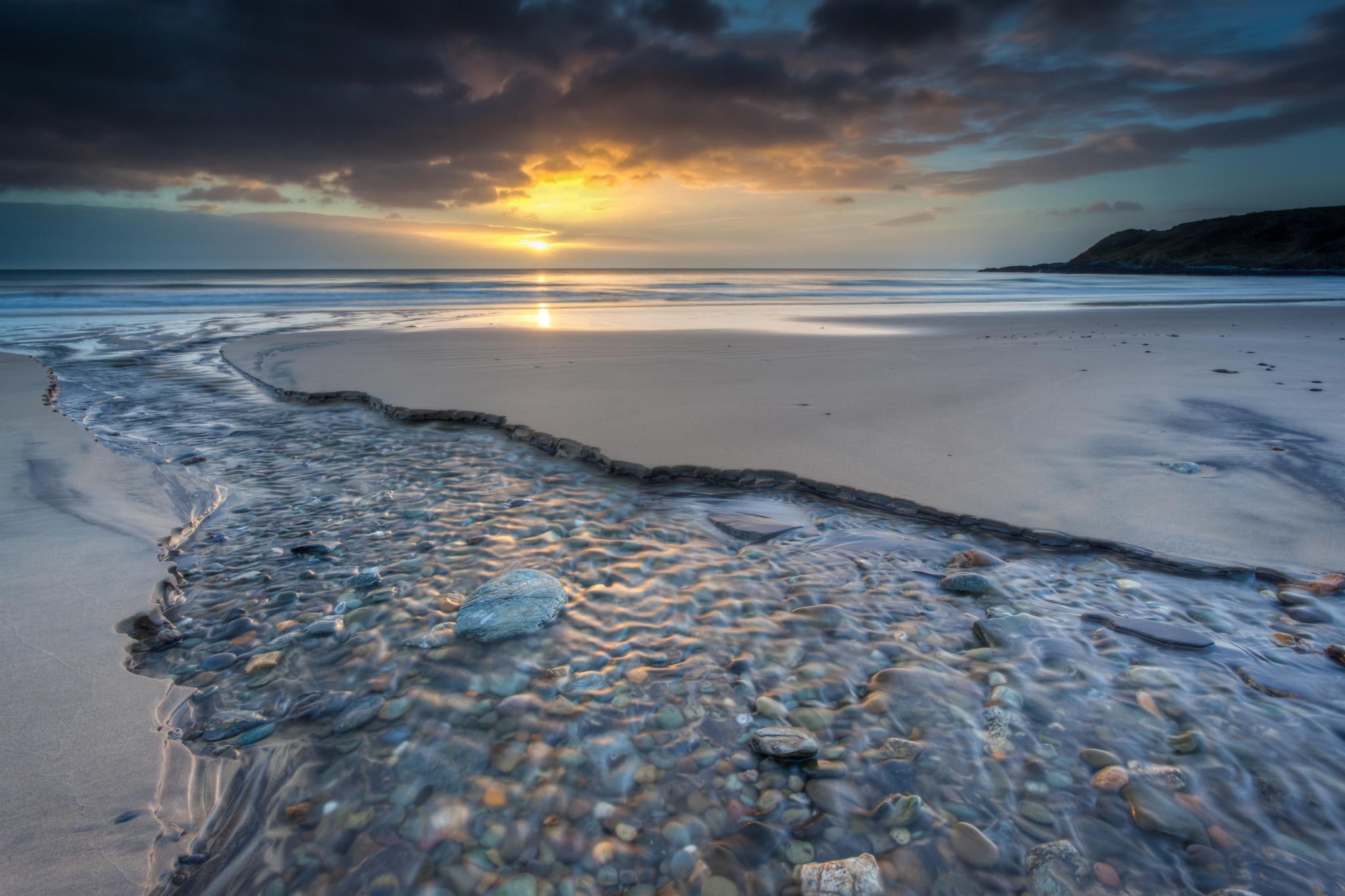 sunset, mountains, land, art, surface level, px, scenics - nature, tranquility, sea, beach, cloud - sky, x, non-urban scene, sky, 2048x1365 px, nature, HD Wallpaper