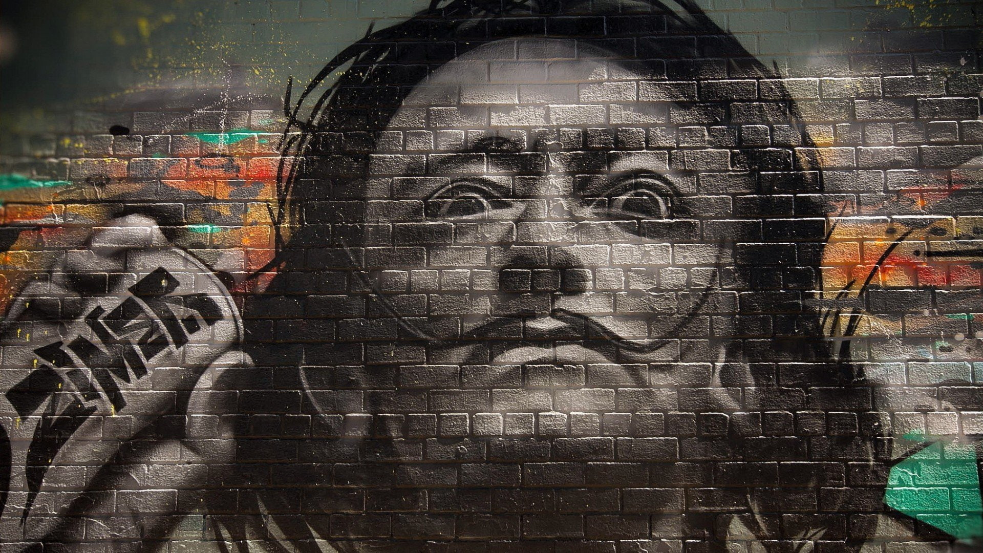 men, bricks, portrait, Selective Coloring, walls, 1080P, Moustache, Graffiti, Painters, Salvador Dalí, face, HD Wallpaper