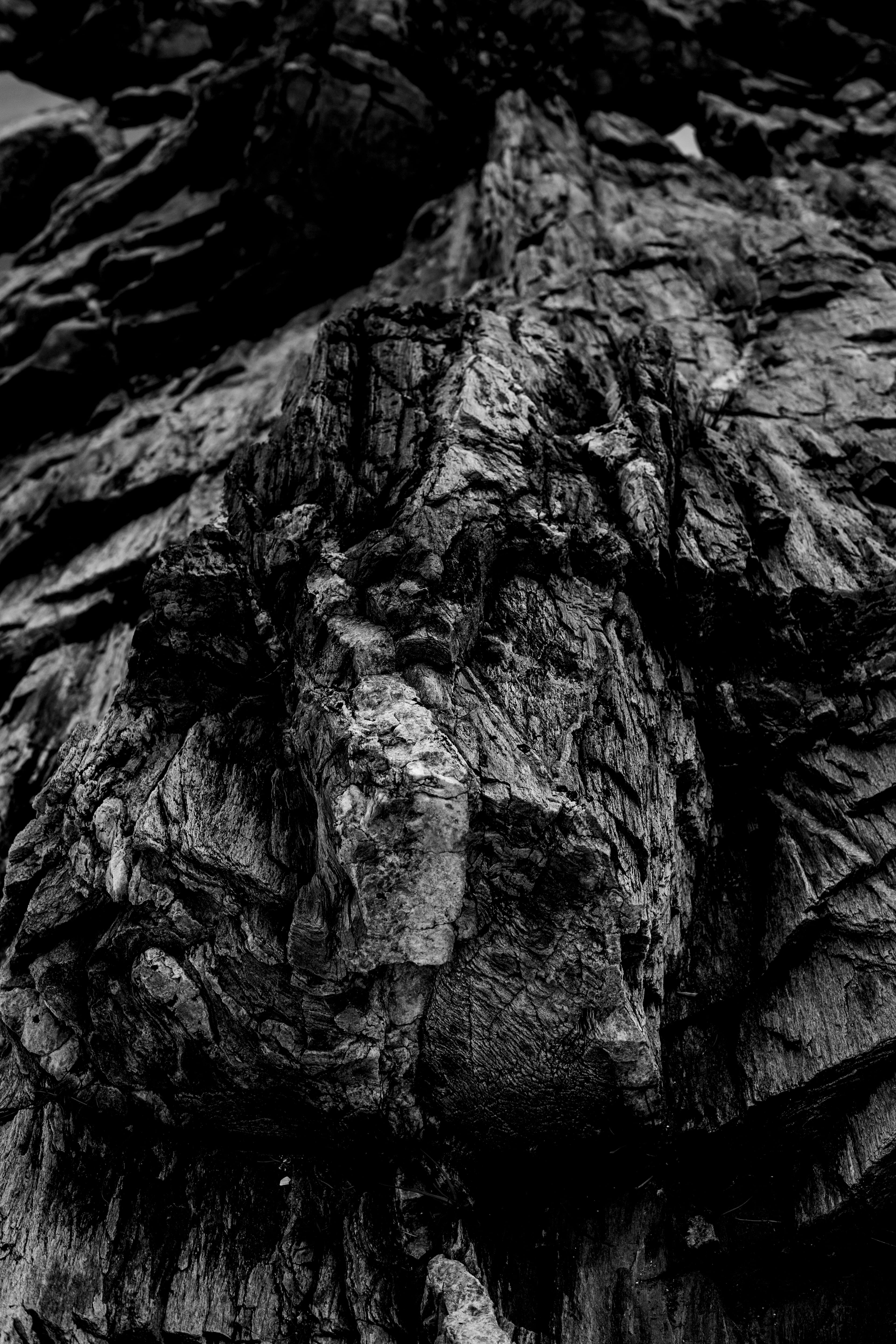 wander, design, world, rock formation, ocean, mountain, peak, rough, solid, day, textured, tree trunk, rock, grayscale, geology, full frame, surface, black and white, Phone HD Wallpaper