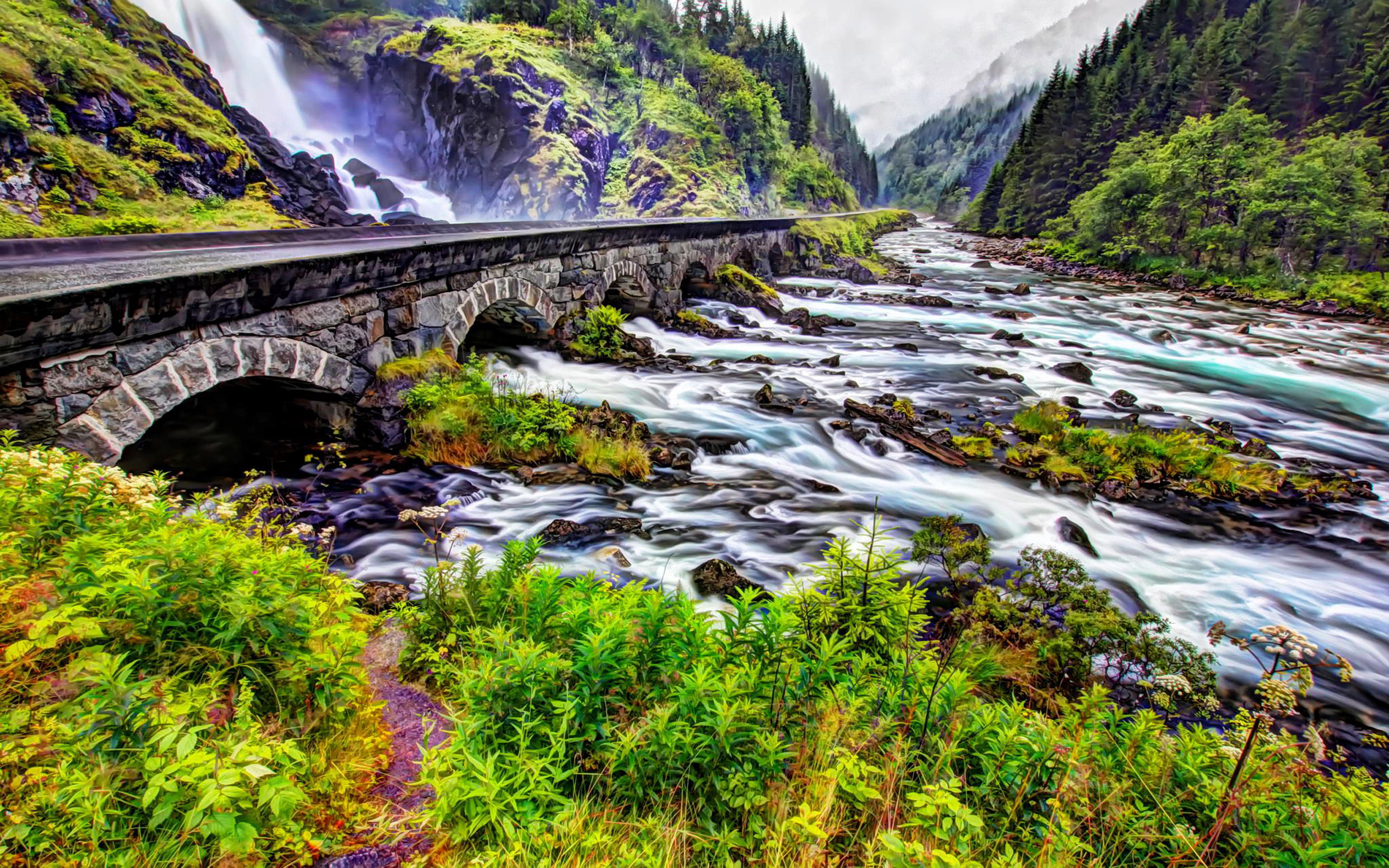 hd, stream - flowing water, outdoors, flowing, odda, mountain, hordaland, stone, nature, scenics - nature, tefossen, bridge, connection, bridge - man made structure, HD Wallpaper