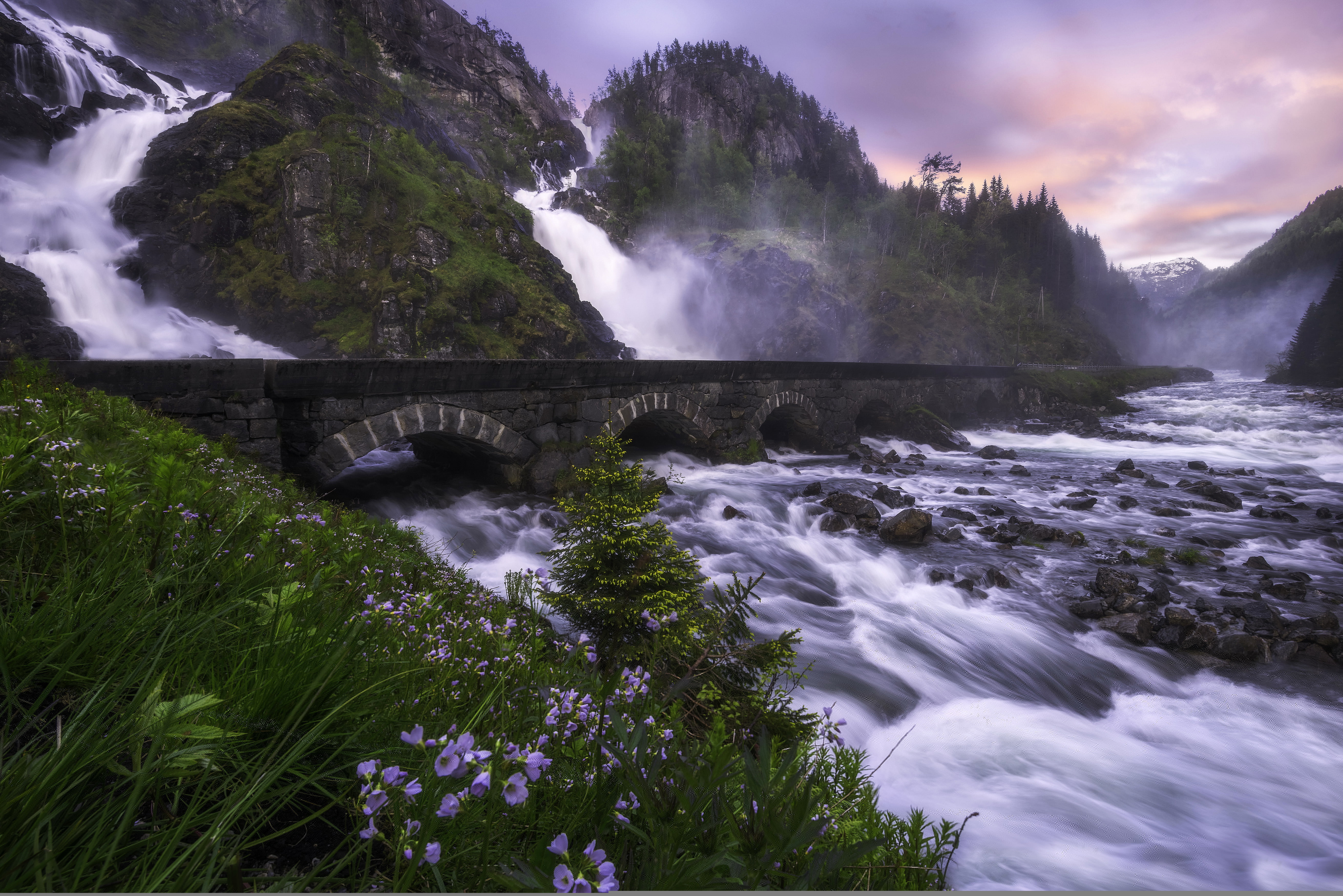waterfall, bridge, Norway, flowers, Latefossen, mountains, Latefoss, 5K, stones, Odda, river, Give, rocks, cascade, HD Wallpaper