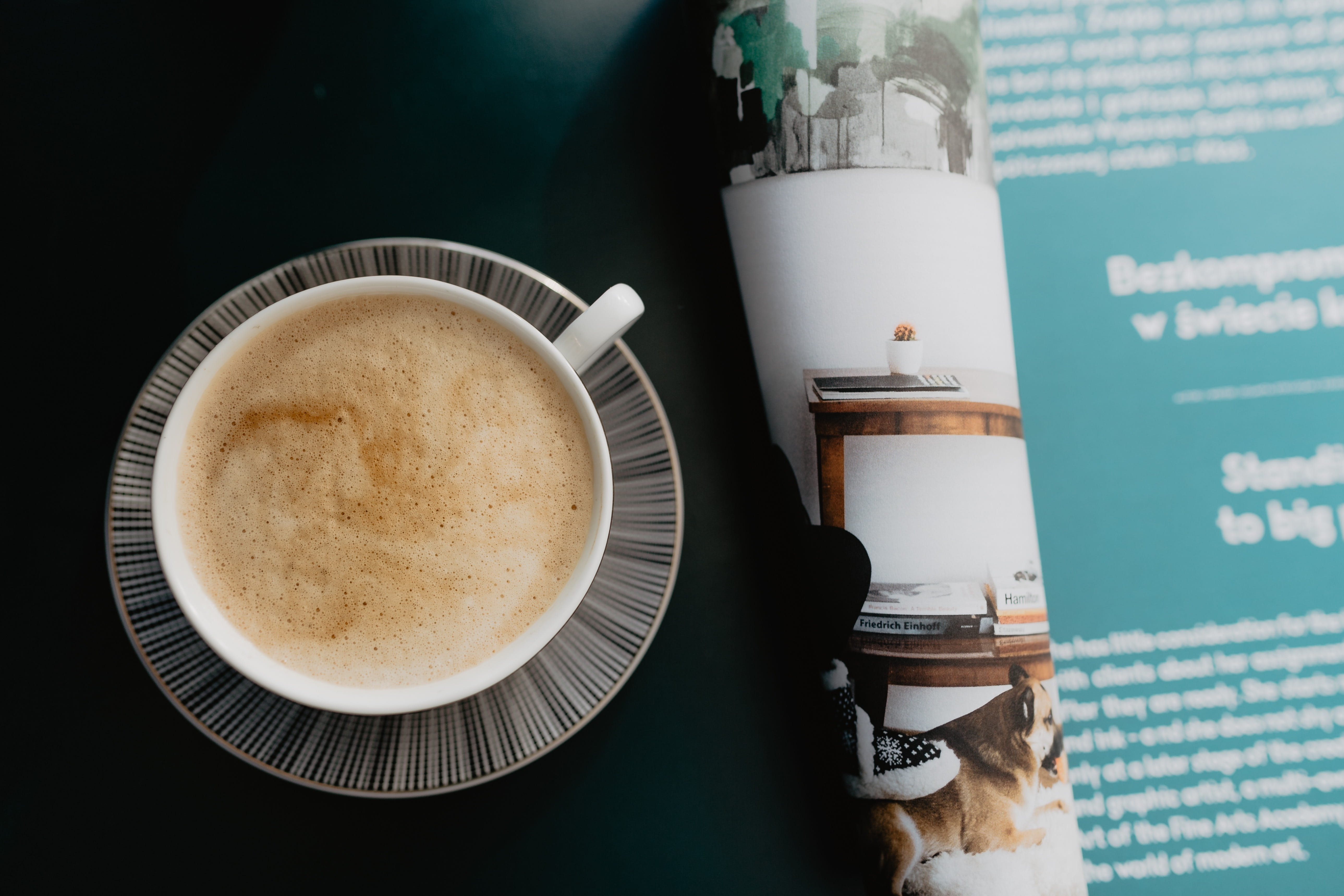 latte, workspace, reading, indoors, refreshment, coffee cup, high angle view, magazine, 5K, cup, table, break, saucer, time, no people, drink, crockery, HD Wallpaper