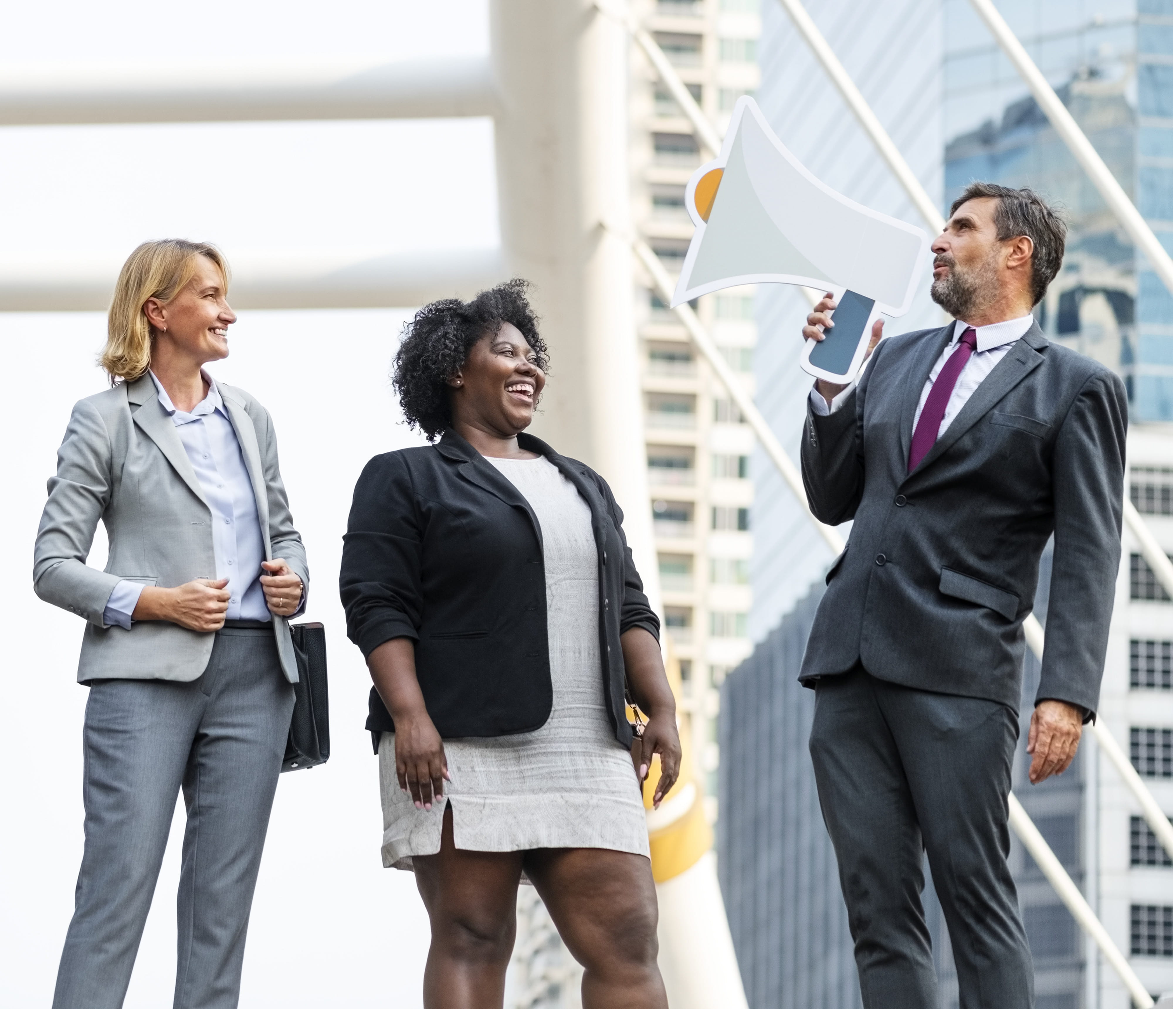 beside, communication, colleagues, colorful, businessman, coworker, daylight, well-dressed, corporate business, women, megaphone, business district, friends, HD Wallpaper
