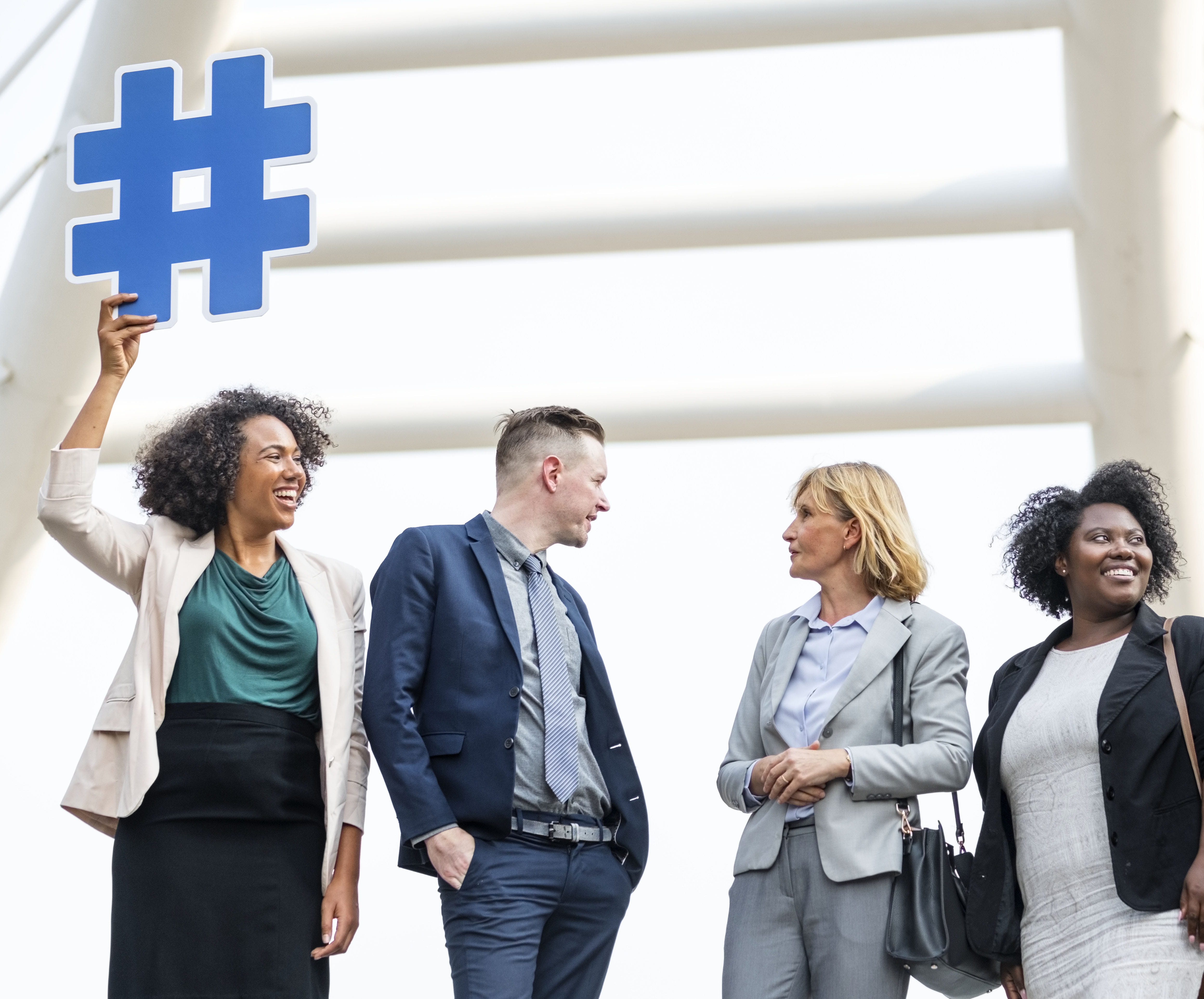 smiling, group of people, symbol, young adult, man, hashtag, young women, urban, women, businesswoman, colleague, adult, structure, corporate business, HD Wallpaper