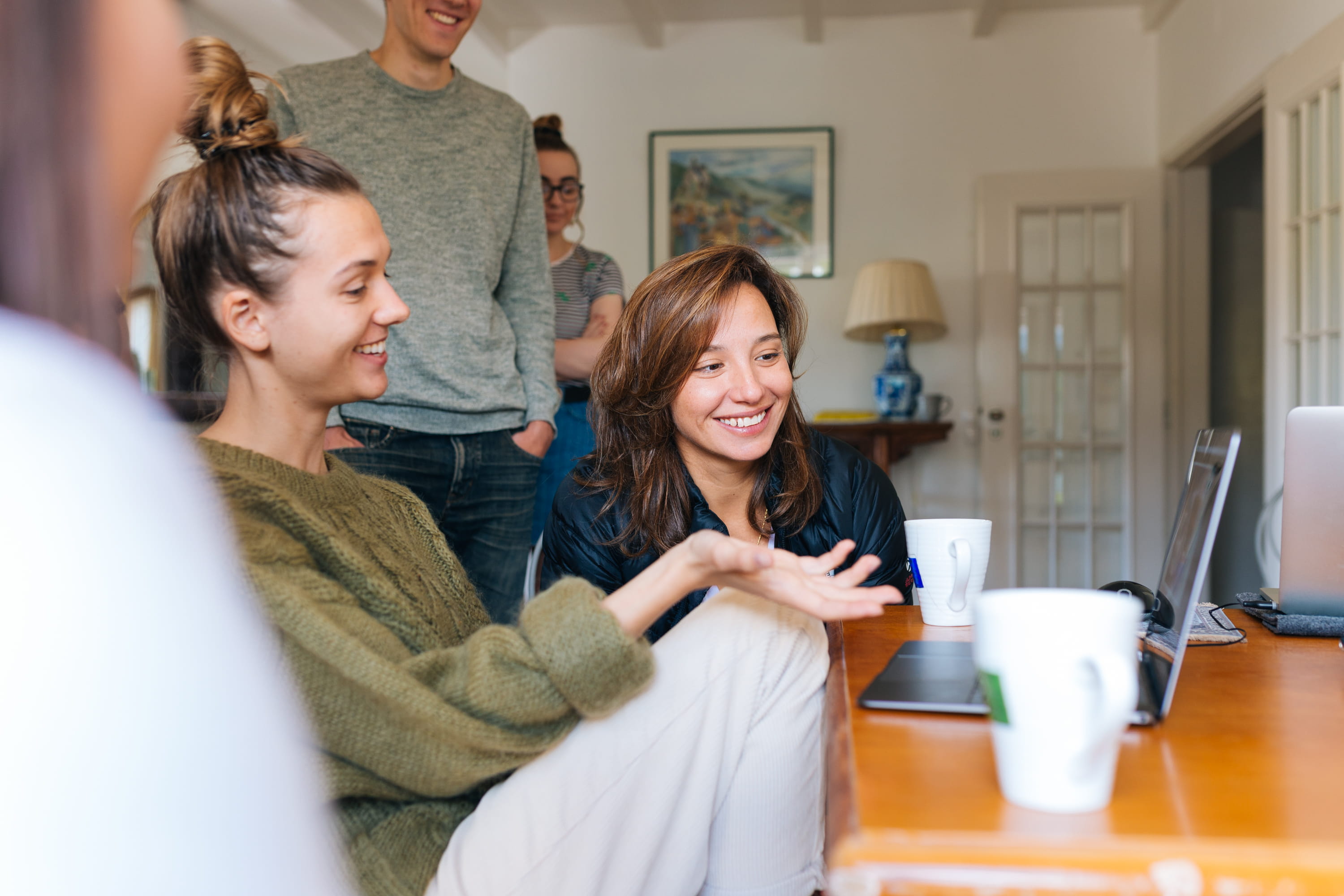cup, group of people, enjoyment, happiness, adults, looking, wireless technology, young women, facial expression, mug, table, sofa, laptop, furniture, leisure, HD Wallpaper