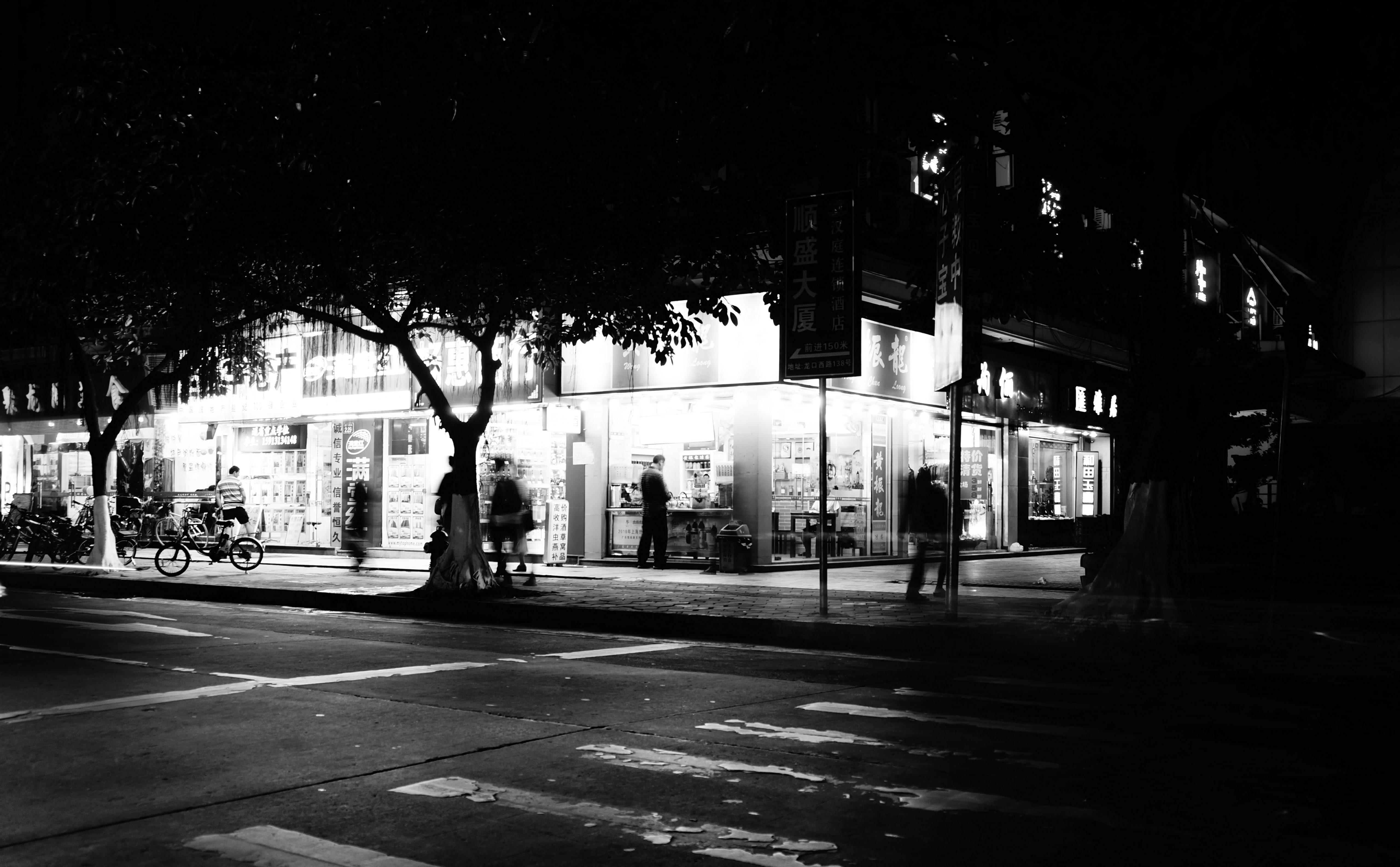 5K, city life, store, transportation, hc black n white, outdoors, Black and White, building exterior, tree, mode of transportation, incidental people, HD Wallpaper