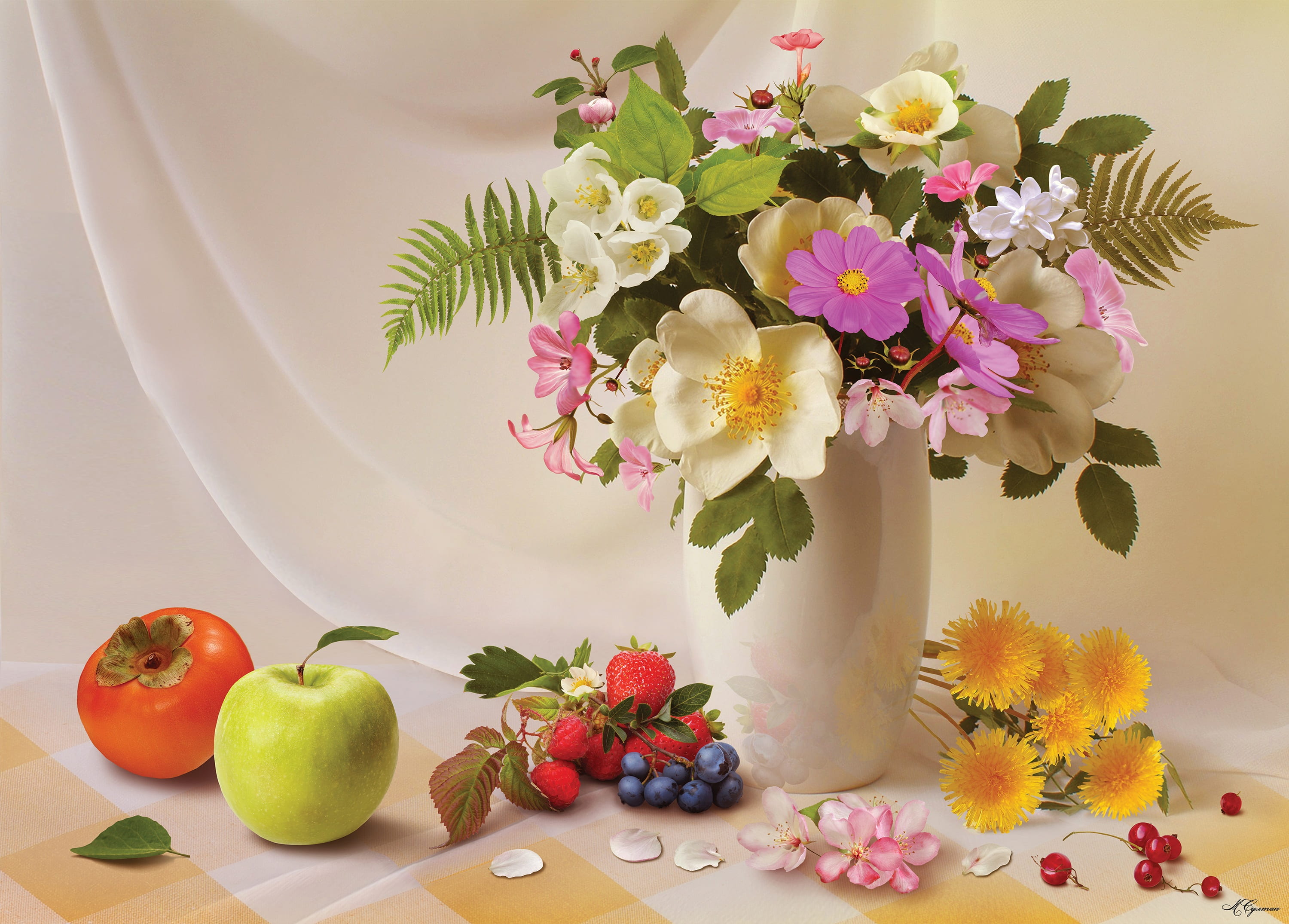food, still, flower arrangement, vase, table, wellbeing, flowers, bouquet, healthy eating, 2K, flower head, berry fruit, fruits, nature, indoors, flowering plant, HD Wallpaper