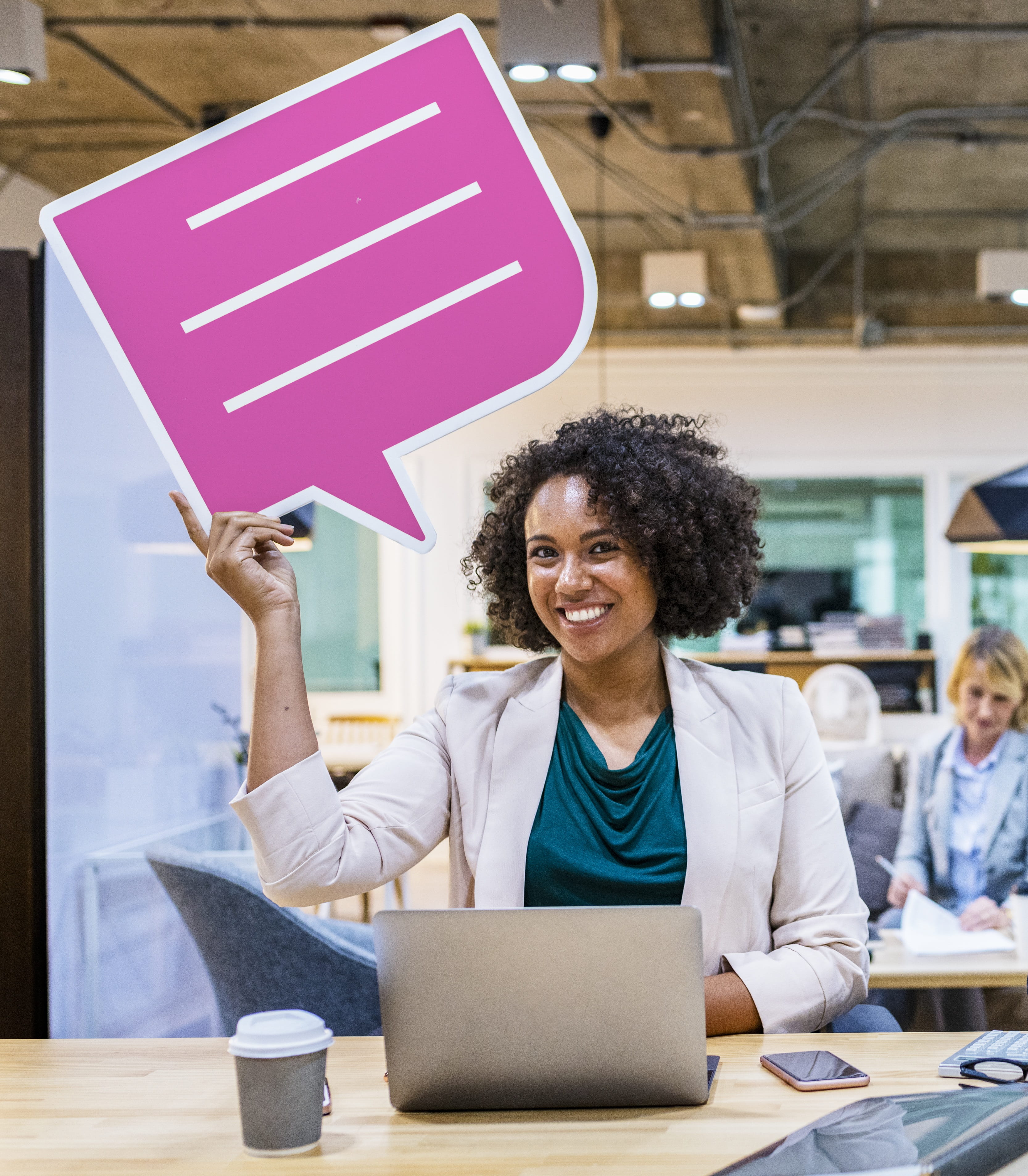 multicultural, adult, women, speech bubble, business, real people, 2K, pink, indoors, businesswoman, message, computer, wireless technology, happiness, Phone HD Wallpaper