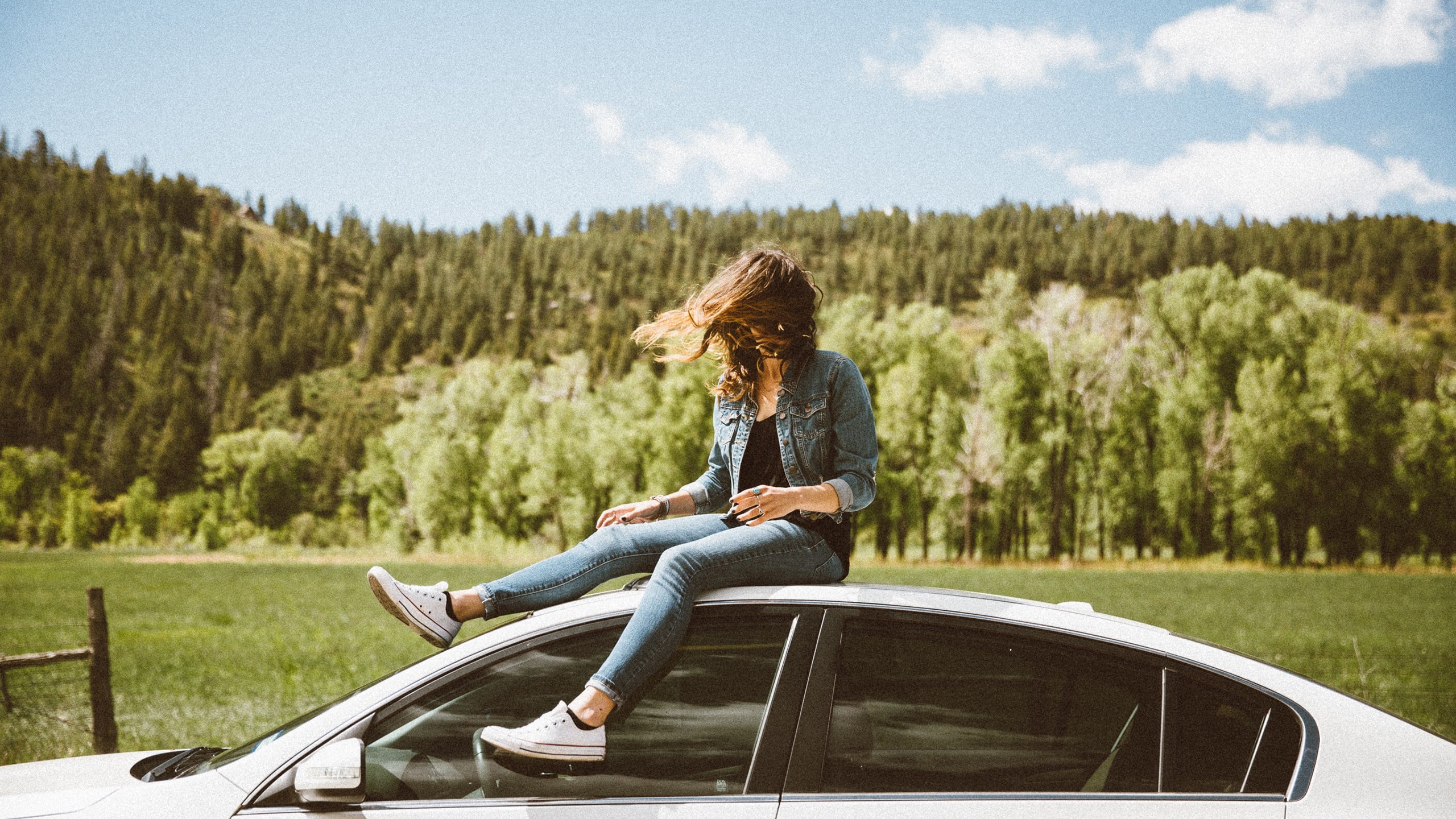 young adult, tree, wind, nature, blue, women, hair, hair  , black, simple living, casual clothing, plant, day, sitting, brown hair, 2K, outdoors, car, HD Wallpaper