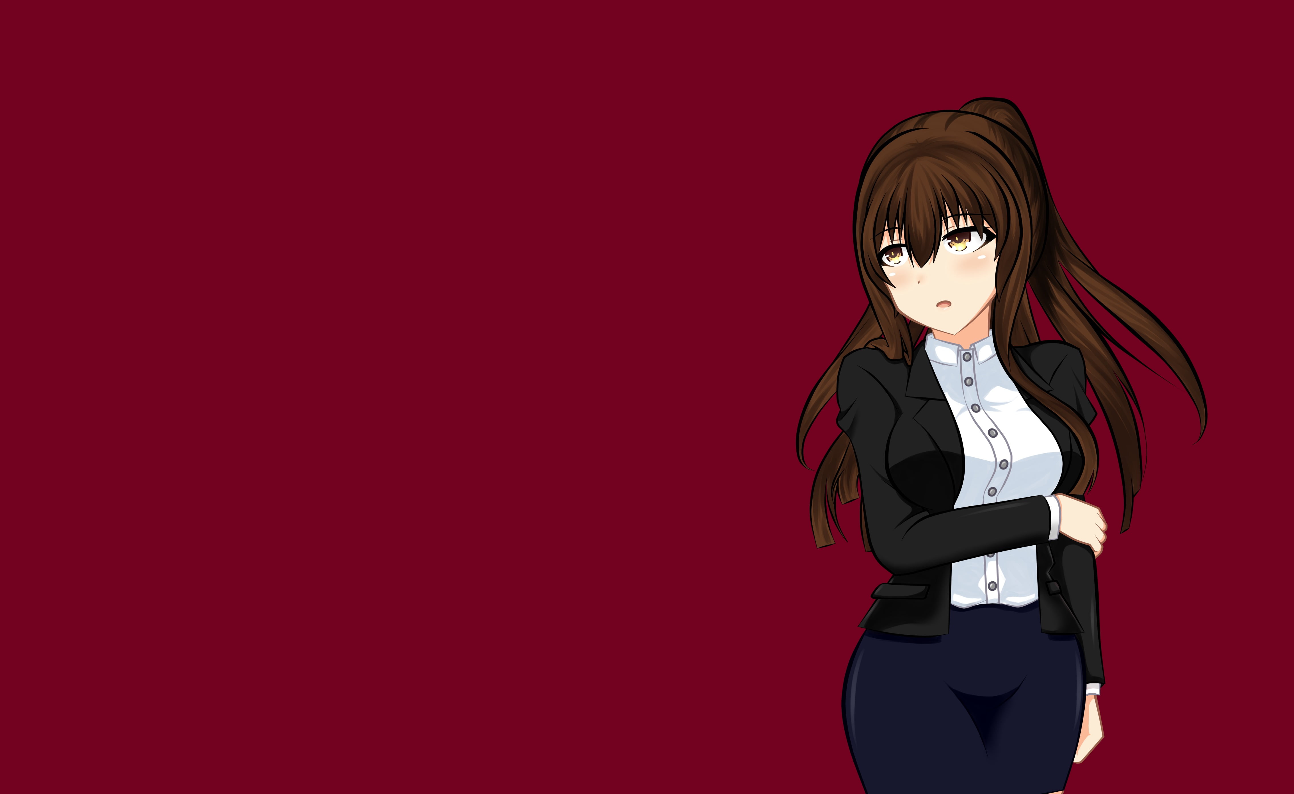 child, females, women, Date A Live, 4K, clothing, Mio Kuromori, copy space, waist up, studio shot, yellow eyes, business suit, brunette, superhero, simple background, HD Wallpaper