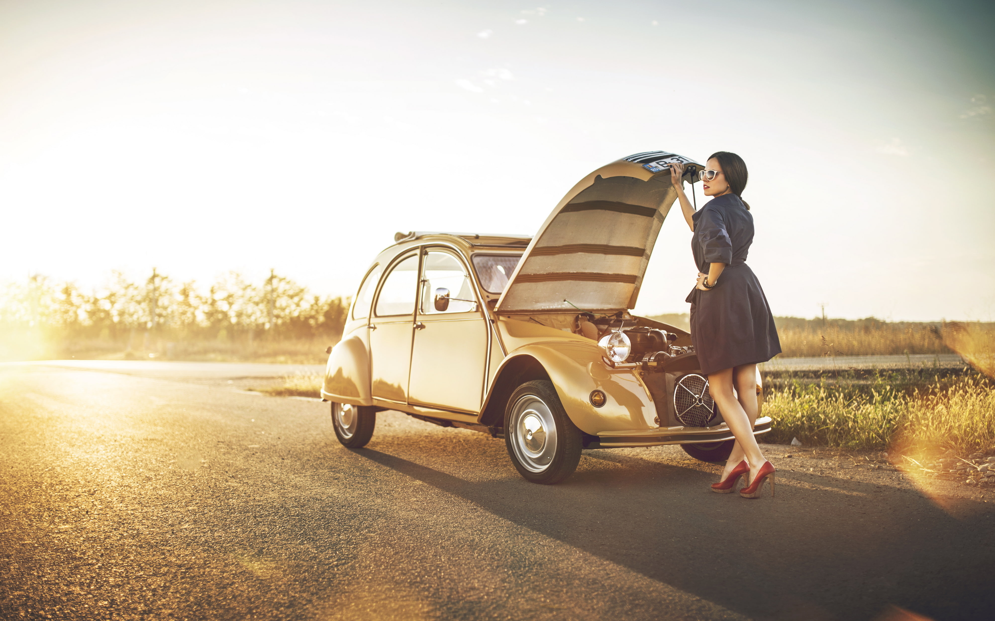 2cv, motor, road, 4K, citroen, girl, car, HD Wallpaper