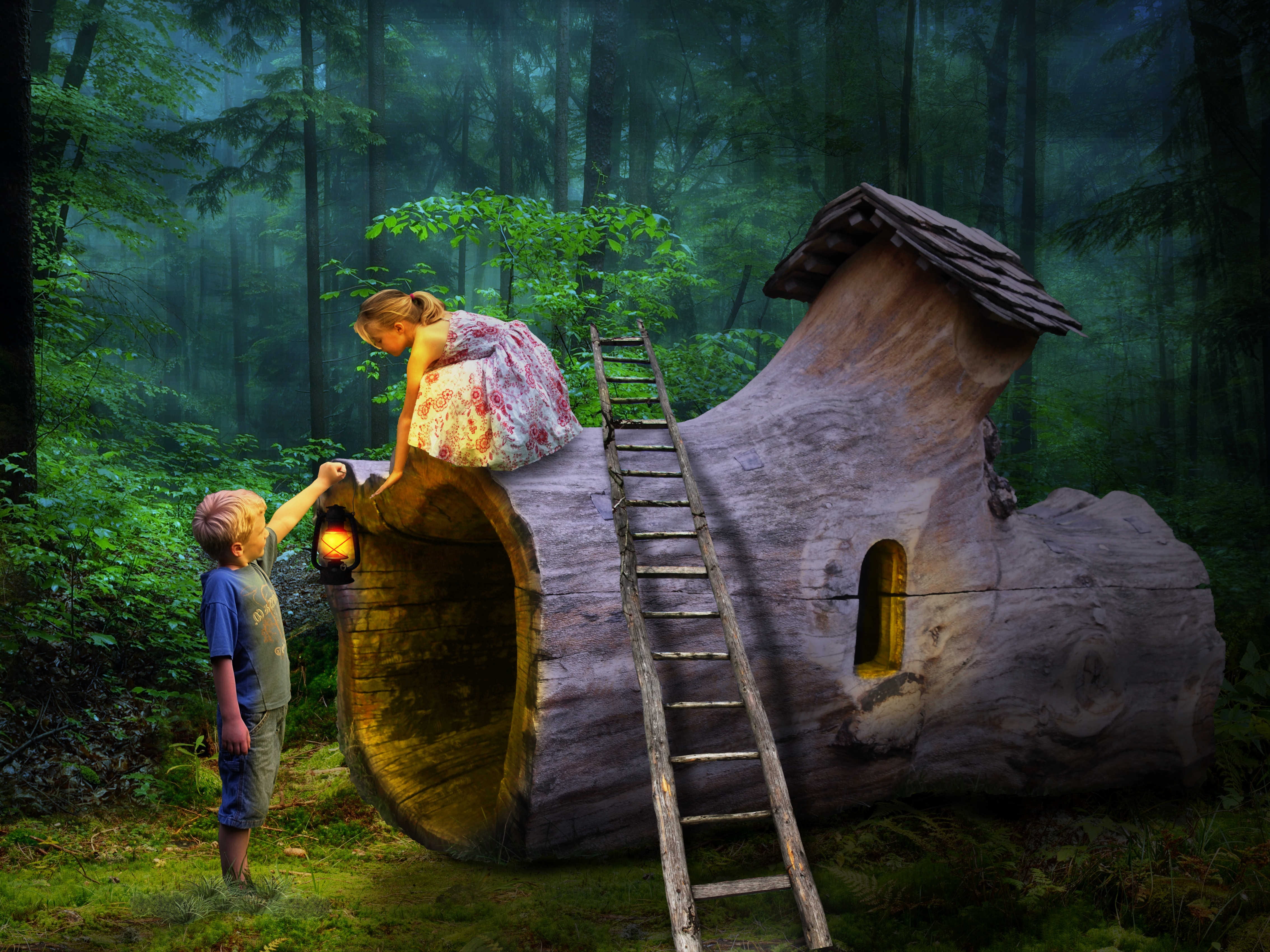 land, boy, girl, full length, tree, painitng, children, architecture, men, people, adult, outdoors, wood - material, 4K, beside, log, home, day, women, HD Wallpaper