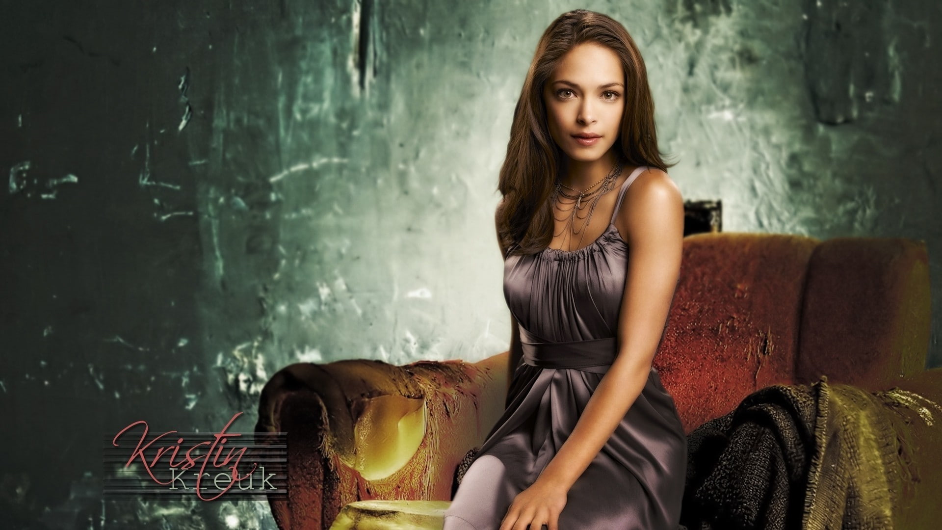 portrait, fashion, one person, sitting, dress, real people, Kristin Kreuk, 1080P, looking at camera, adult, young adult, long hair, hairstyle, wall - building feature, HD Wallpaper