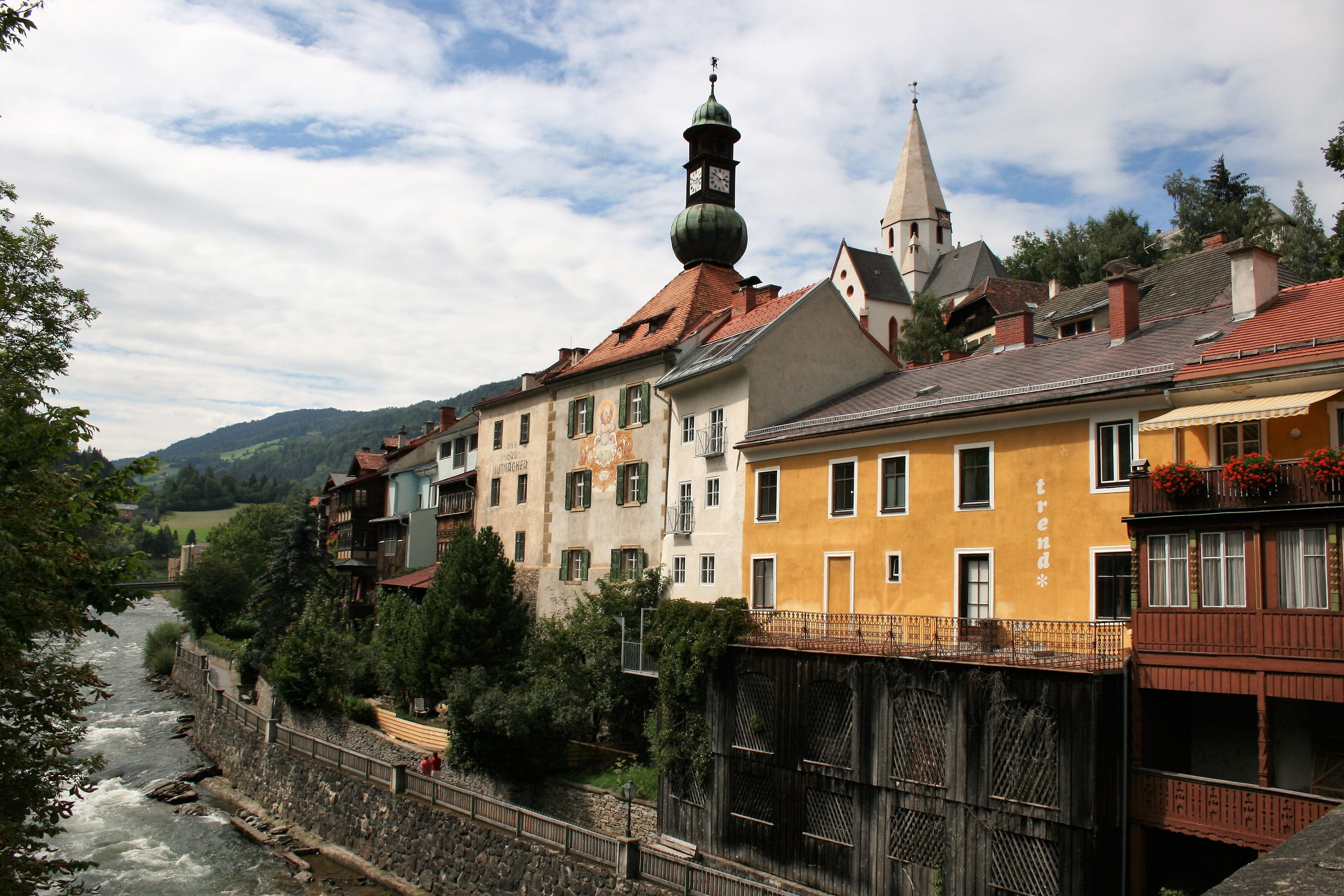 religion, day, plant, place of worship, mur, cloud - sky, sky, styria, old town, the mur promenade, built structure, austria, residential district, 4K, HD Wallpaper