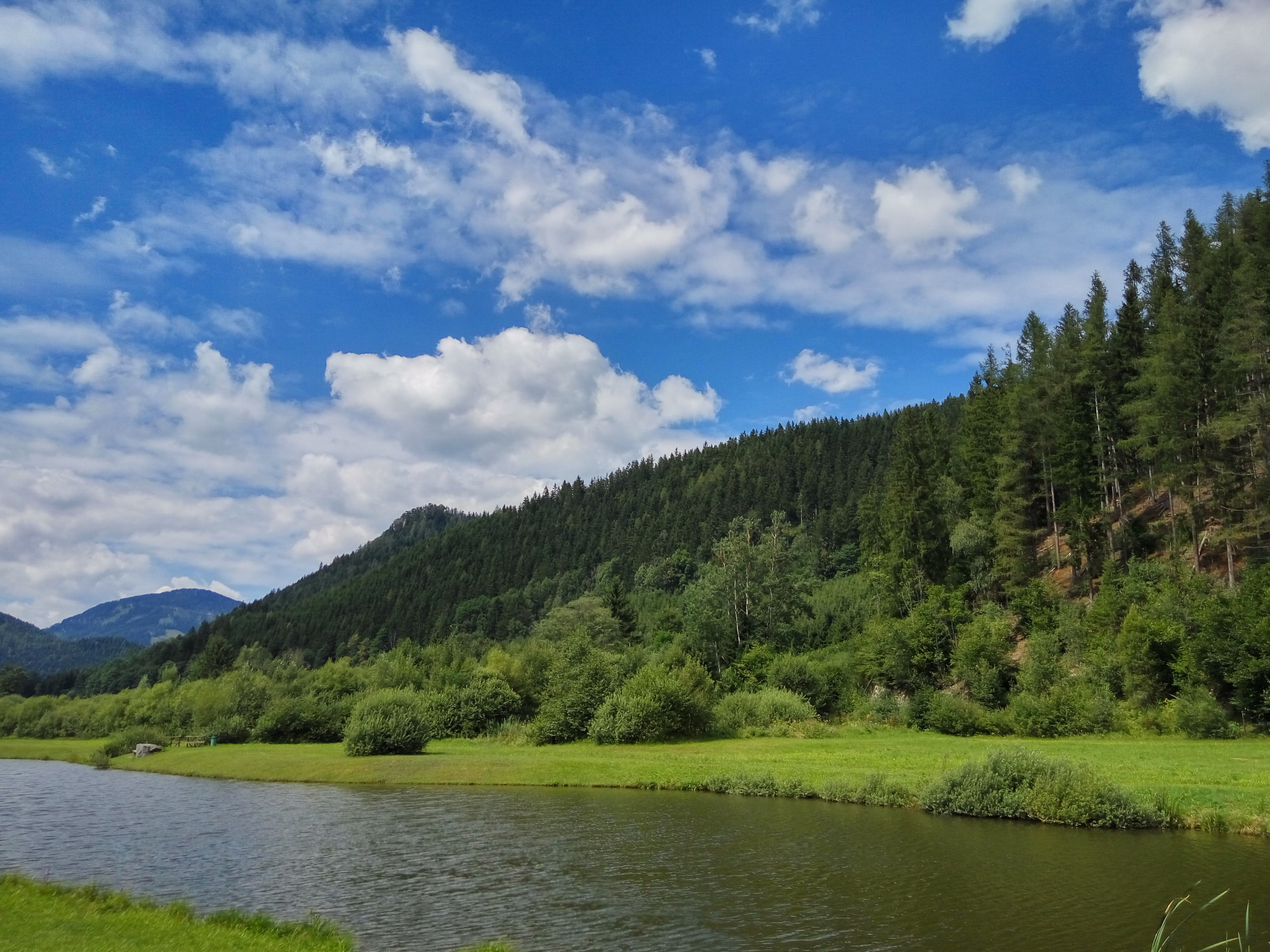 river, 4K, plant, scenics - nature, green color, nature, clouds, waterfront, growth, day, sky, landscape, semmering, blue, tranquility, lake, outdoors, HD Wallpaper