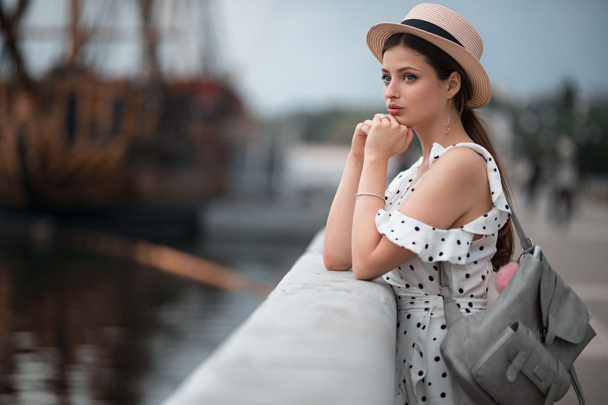 outdoors, dress, women outdoors, side view, women with hats, looking away, long hair, 1080P, touching face, brunette, portrait, model, ponytail, depth of field, HD Wallpaper