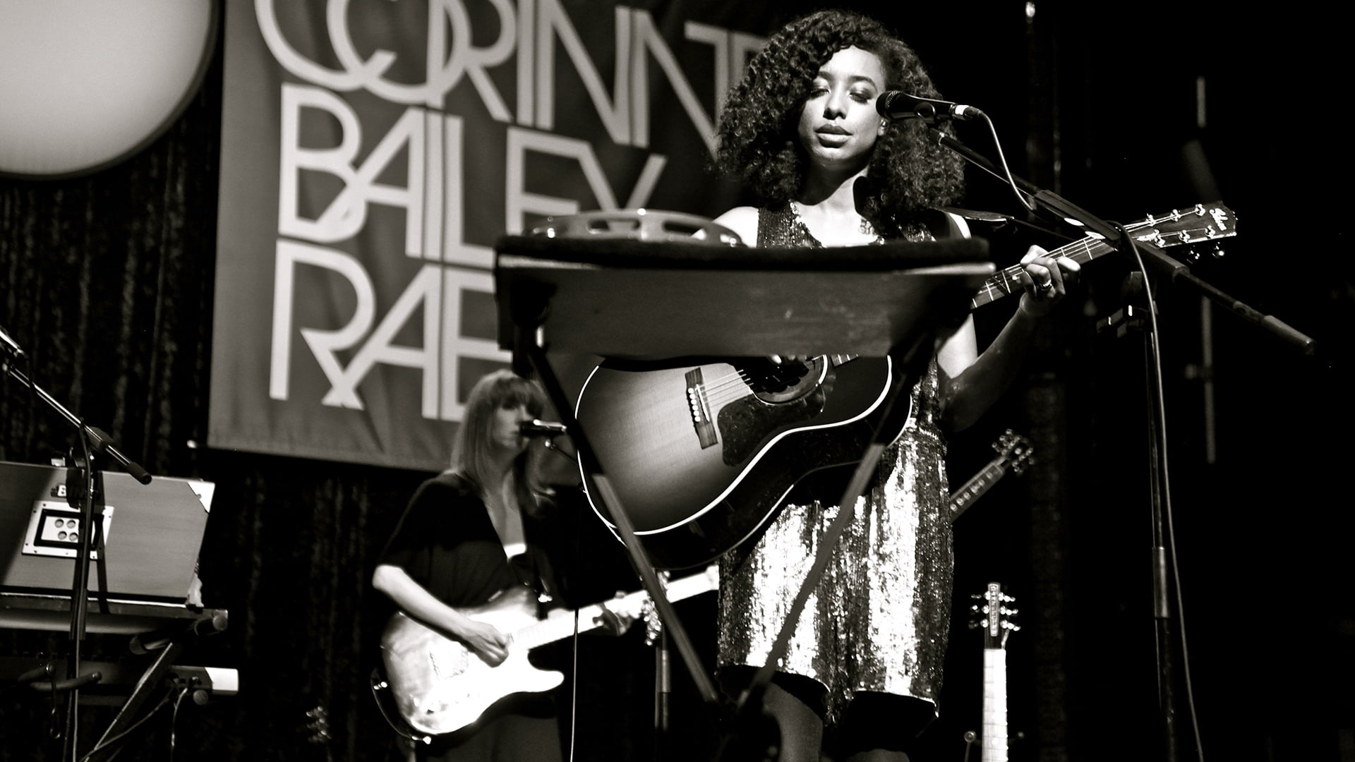 woman, arts culture and entertainment, sound, grayscale, photography, holding, performer, men, playing, women, caucasian Ethnicity, indoors, show, guitar, HD Wallpaper