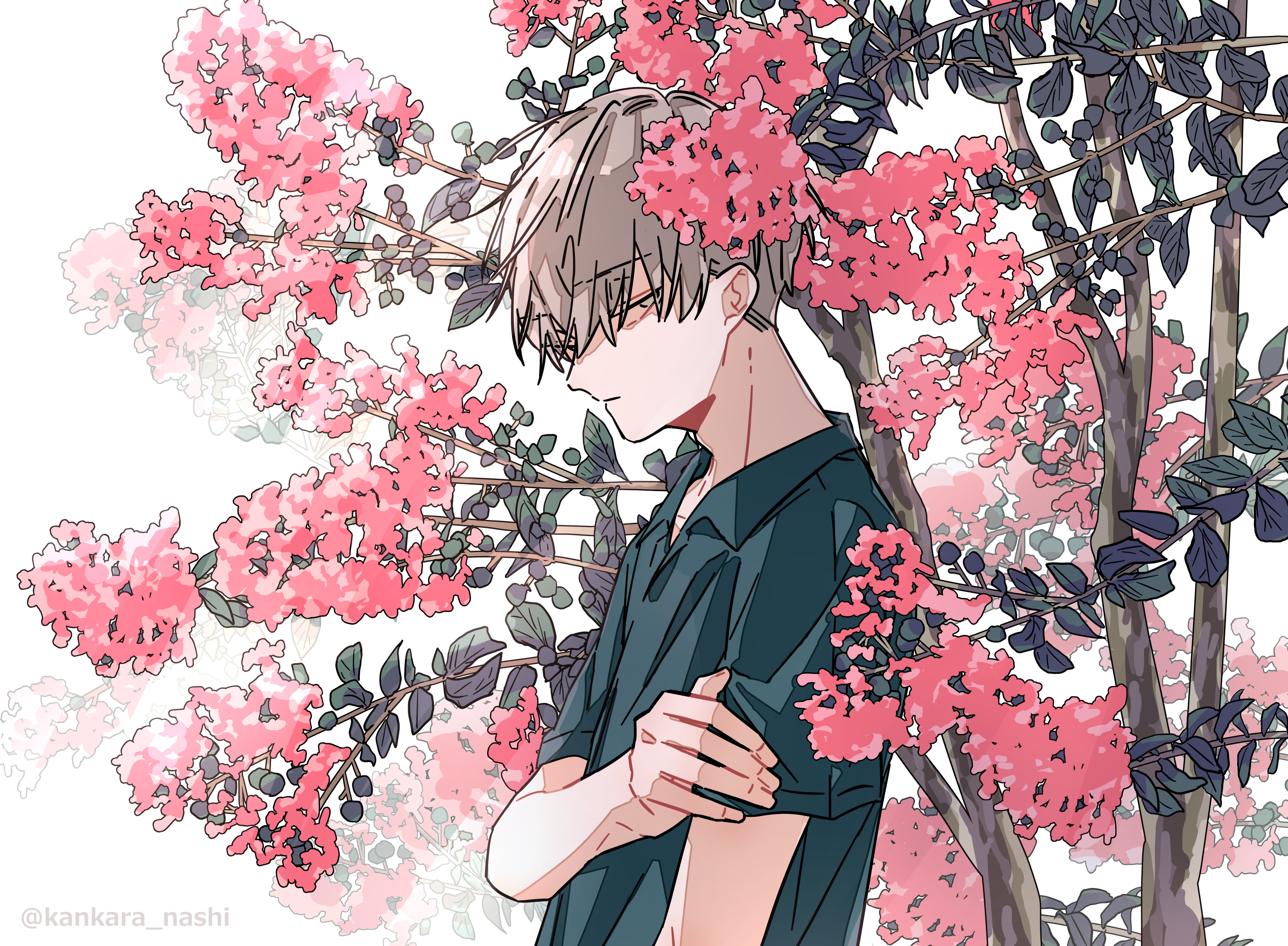 flowers, 4K, artwork, anime boys, original characters, illustration, sad, HD Wallpaper