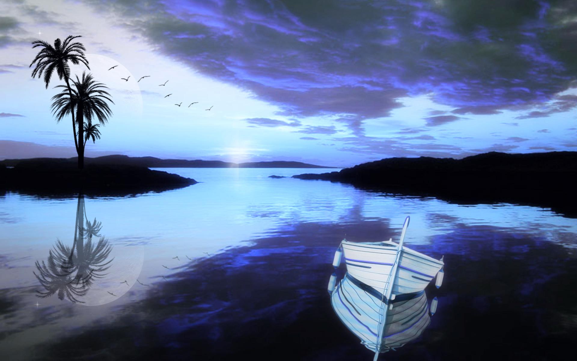 silent, empty, white, black, blue, 1080P, nature and landscapes, sorrows, canoe, boats, boat, wooden, HD Wallpaper