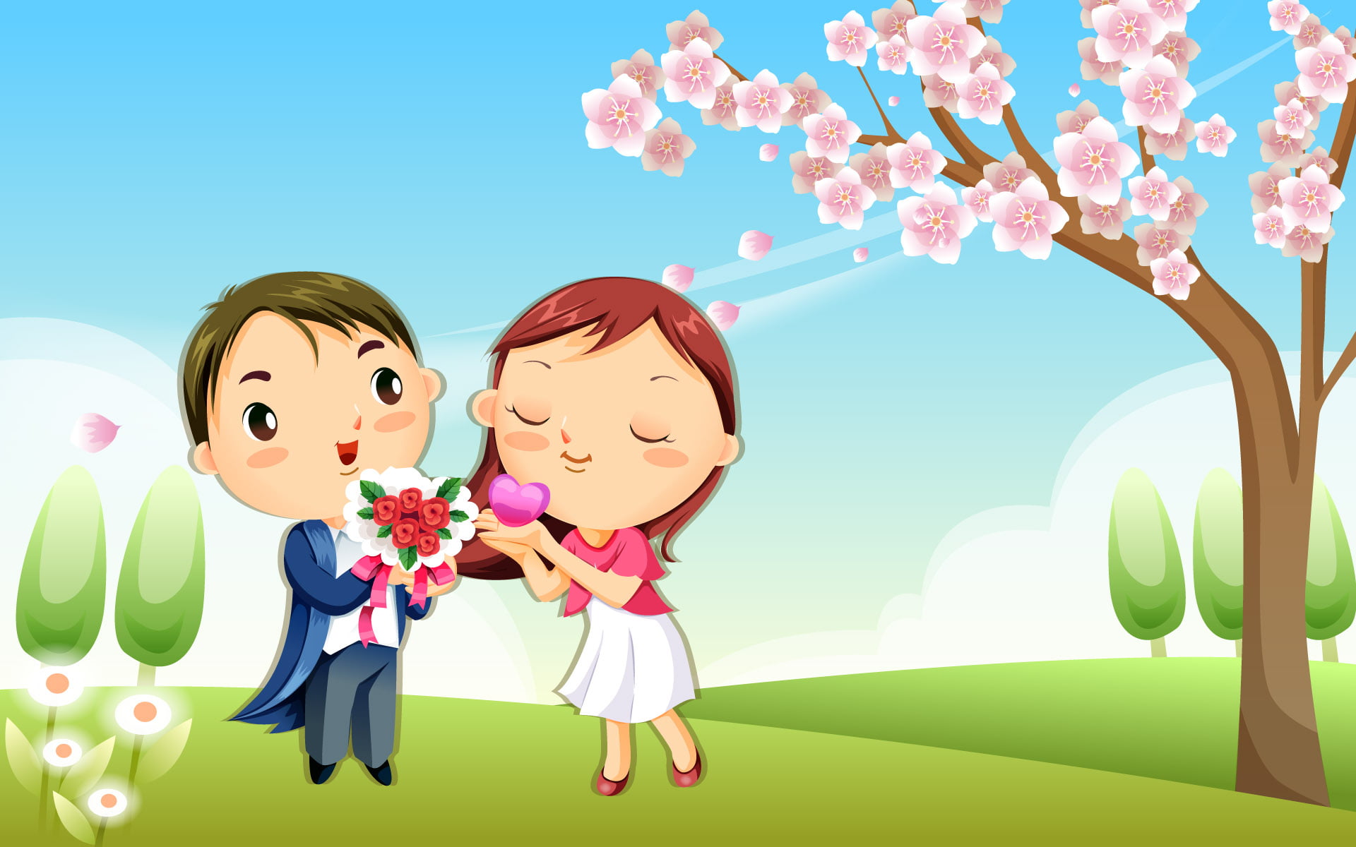 boyfriend, flowering plant, child, boy, illustration, portrait, tree, cute, pink color, beauty in nature, nature, springtime, freshness, females, 1080P, HD Wallpaper