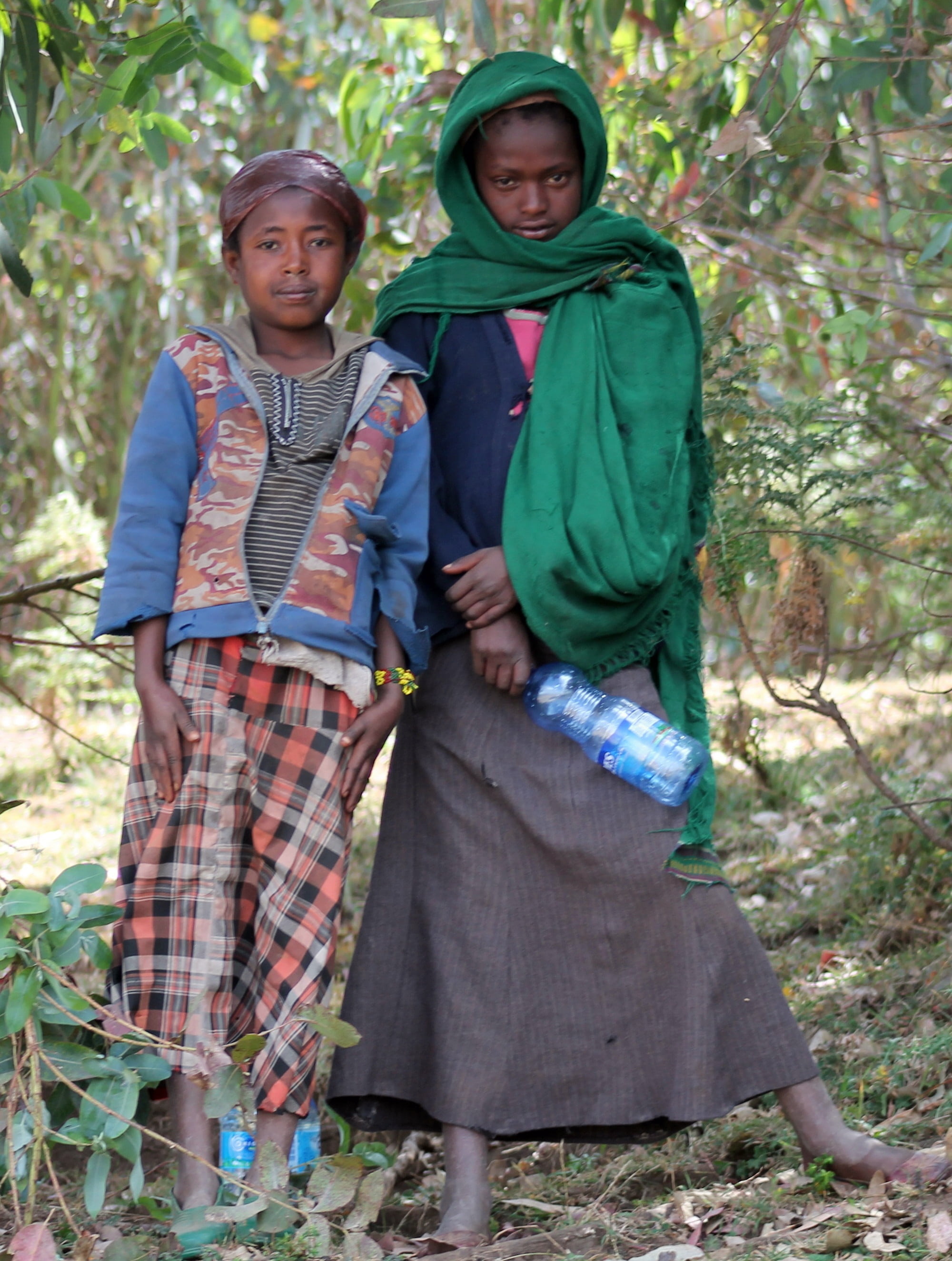 ethiopia, shepherdesses, nature, smiling, men, childhood, sister, males, plant, front view, two people, tree, children, child, portrait, standing, entoto, Phone HD Wallpaper