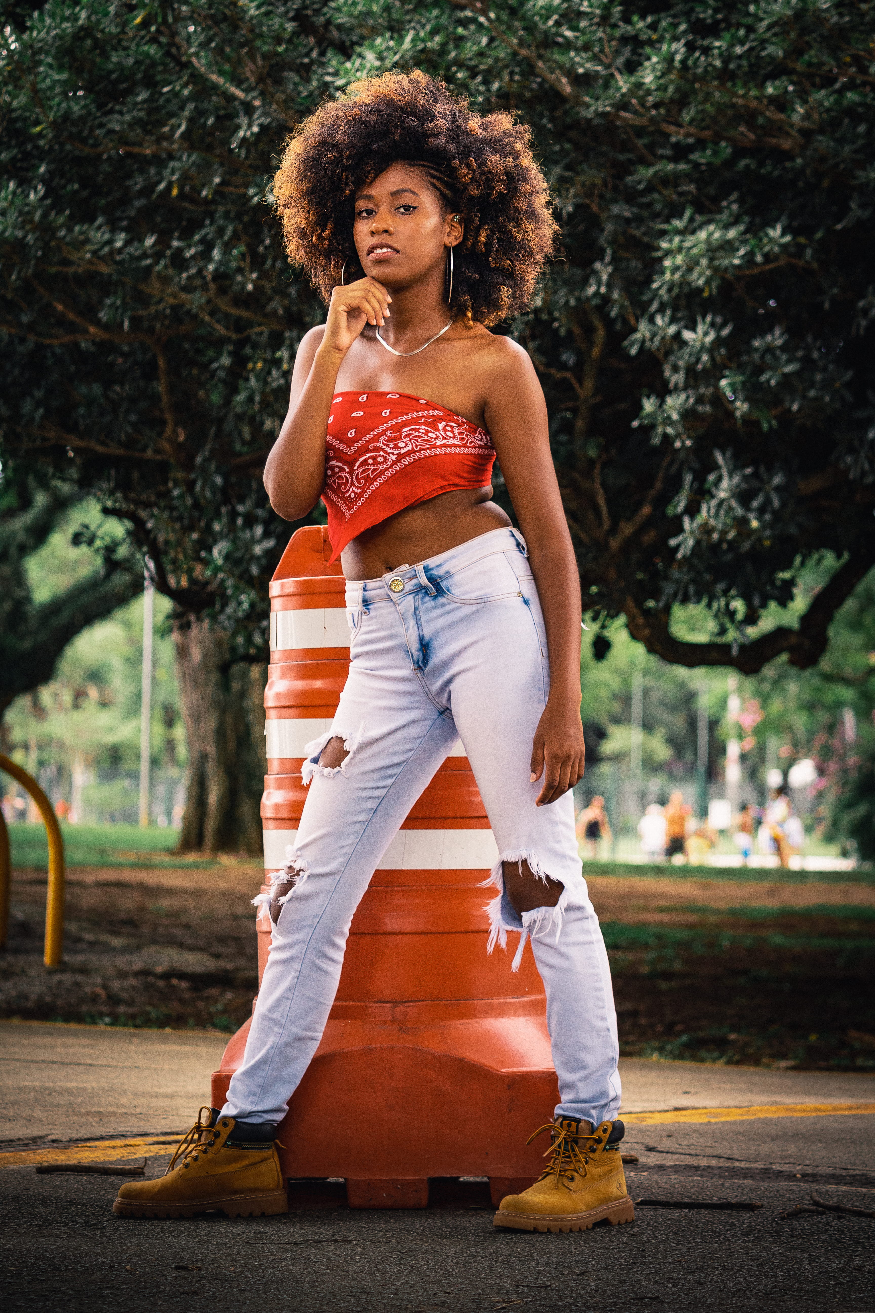street, eyes, lady, pretty, female, photoshoot, full length, front, casual clothing, tree, beautiful woman, fashion, youth, daytime, young adult, hands, Phone HD Wallpaper