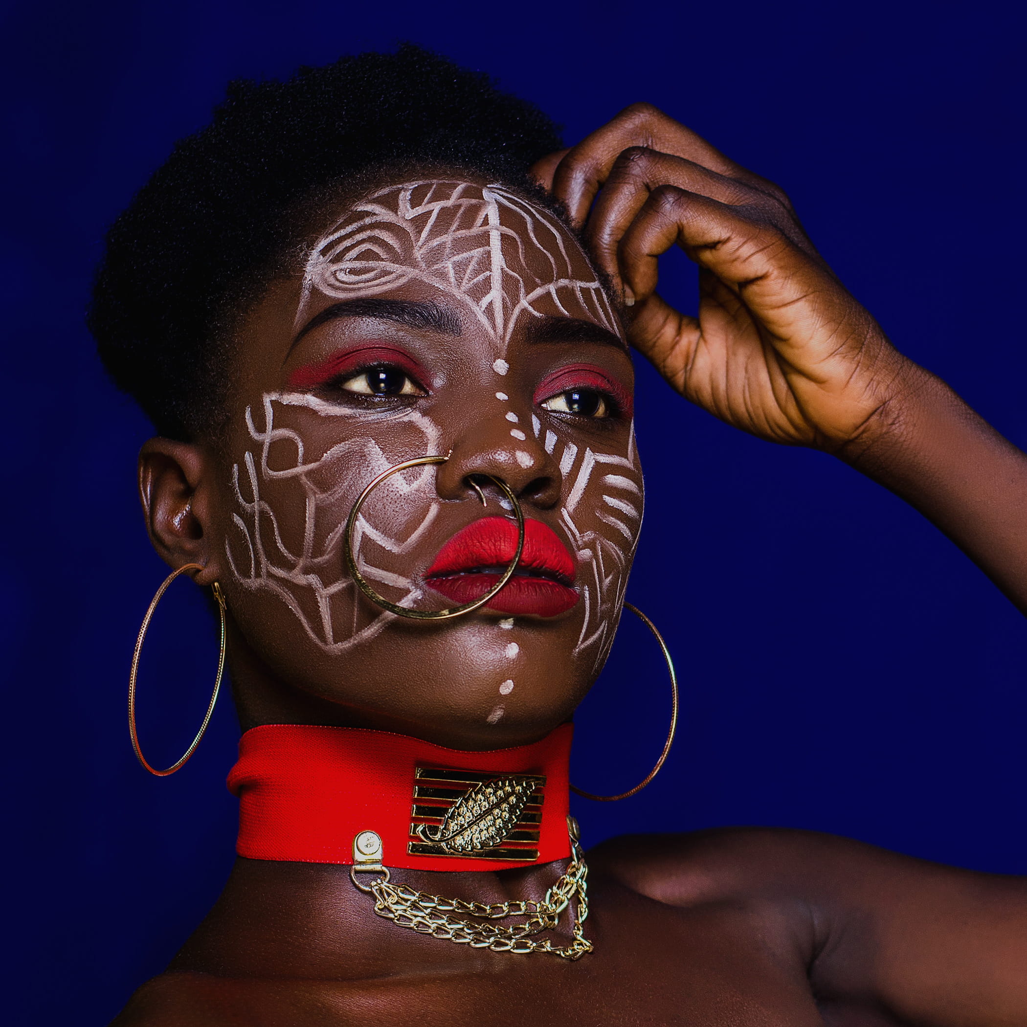 nose ring, jewelry, touching, portrait, hair, adult, black background, colored background, beautiful, indoors, nose, face paint, studio shot, creativity, Phone HD Wallpaper