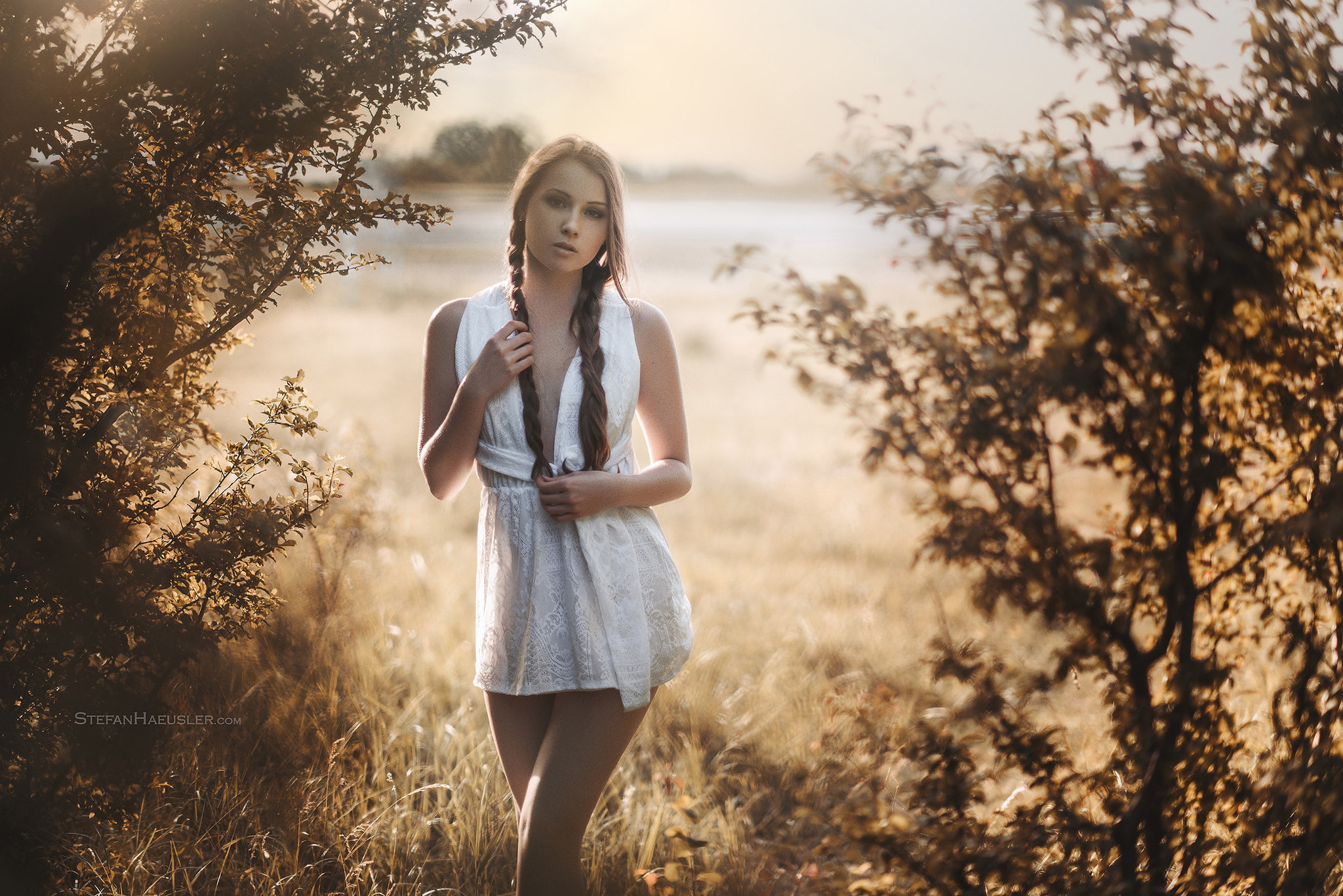 brunette, looking at viewer, brown eyes, Viktoria Kummer, braids, women, bokeh, 1080P, Stefan Häusler, white dress, HD Wallpaper