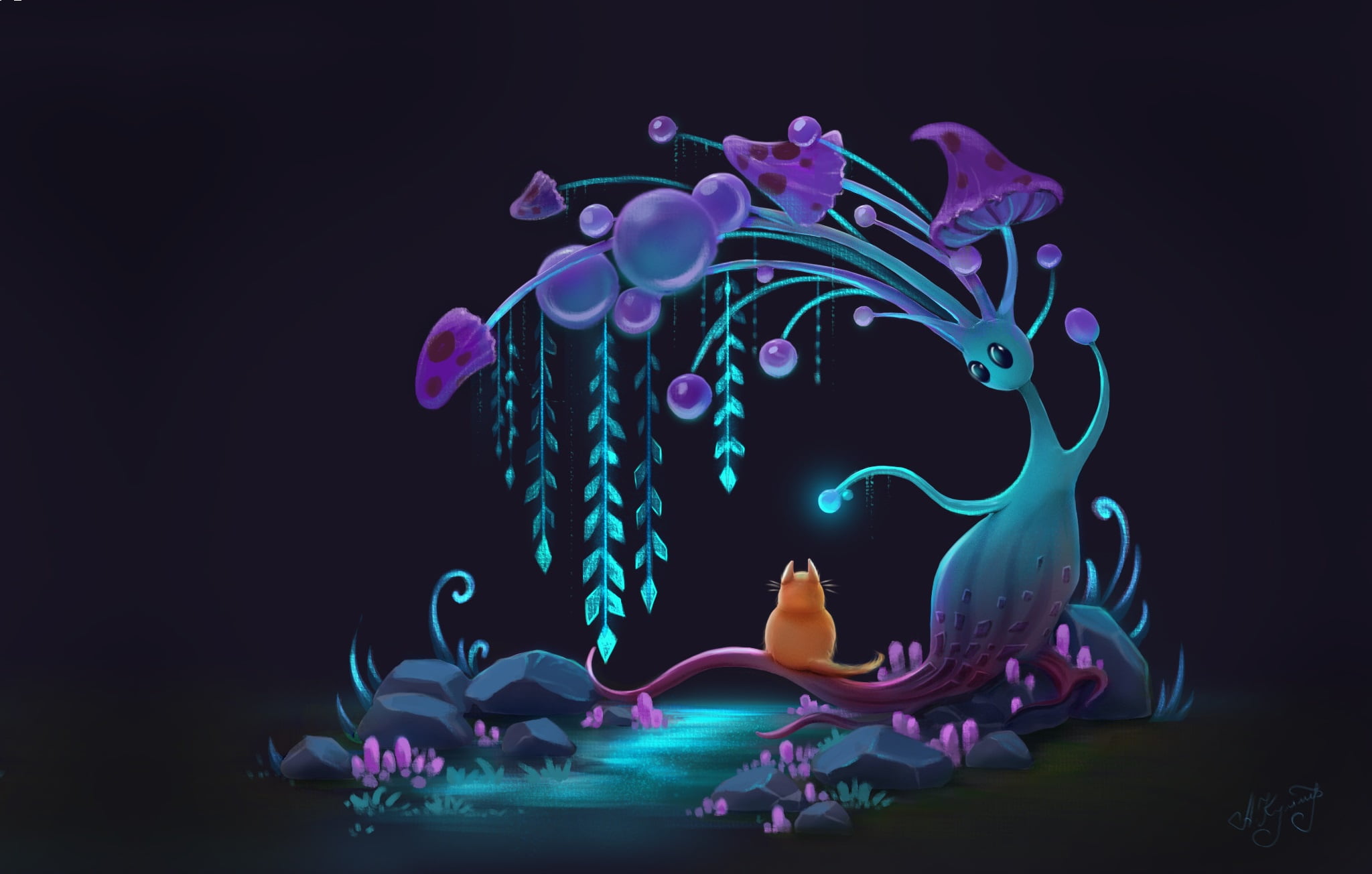cat, fantasy, Anna Kummer, Curious cat, 1080P, art, childrens, night, HD Wallpaper