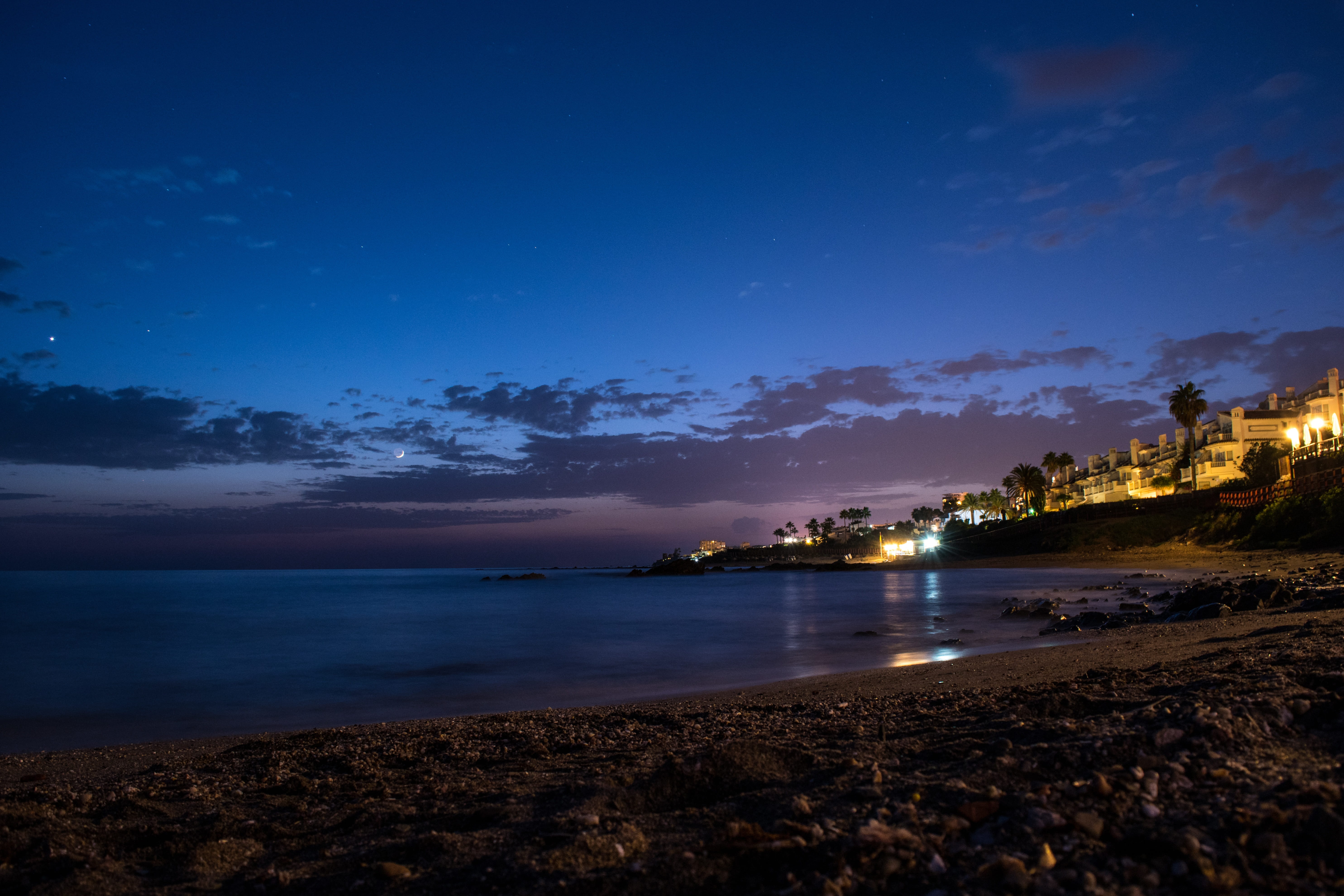 tranquil scene, lights, good bye, houses, the bombo beach, outdoors, blue, sea, hold on, star - space, no people, clouds, night, tranquility, sunset, sun, HD Wallpaper