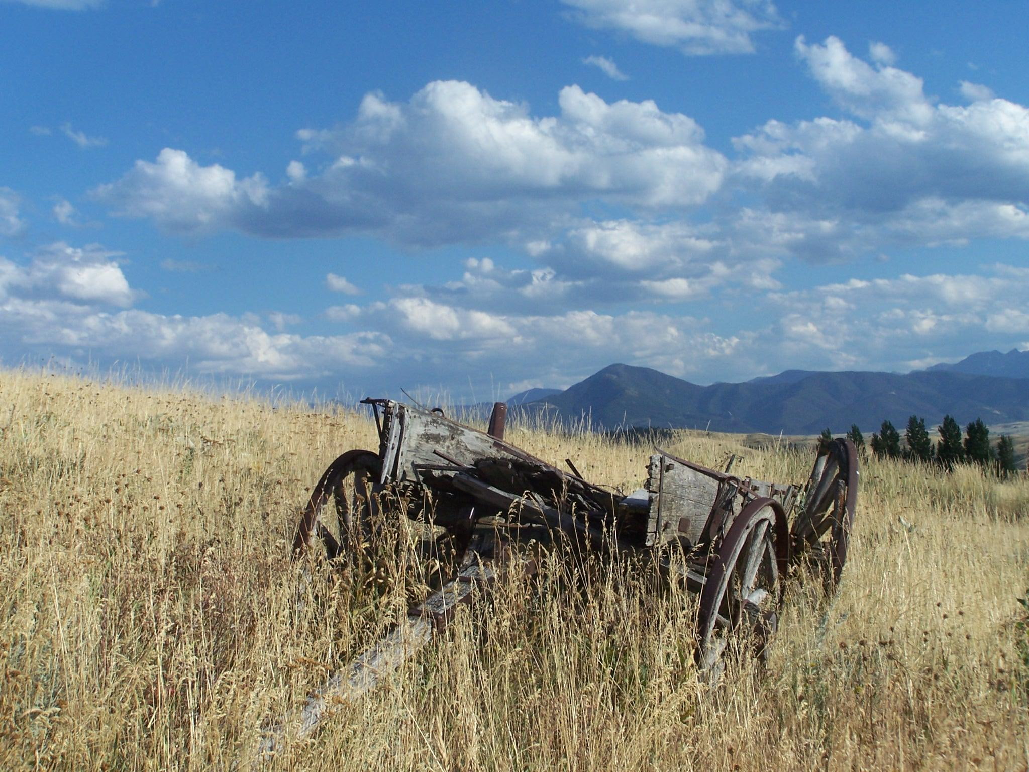 wagon, behind, blue sky, clouds, 1080P, left, grass mountains, big sky, 3d and abstract, HD Wallpaper