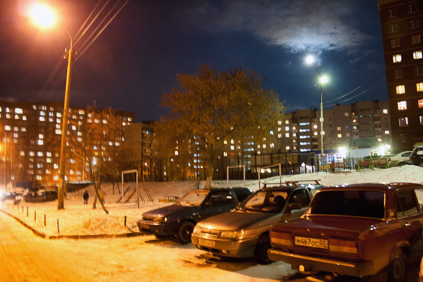 building, city, nature, moon, sky, night, illuminated, built structure, tree, lighting equipment, no people, architecture, scene, 720P, town, street light, HD Wallpaper