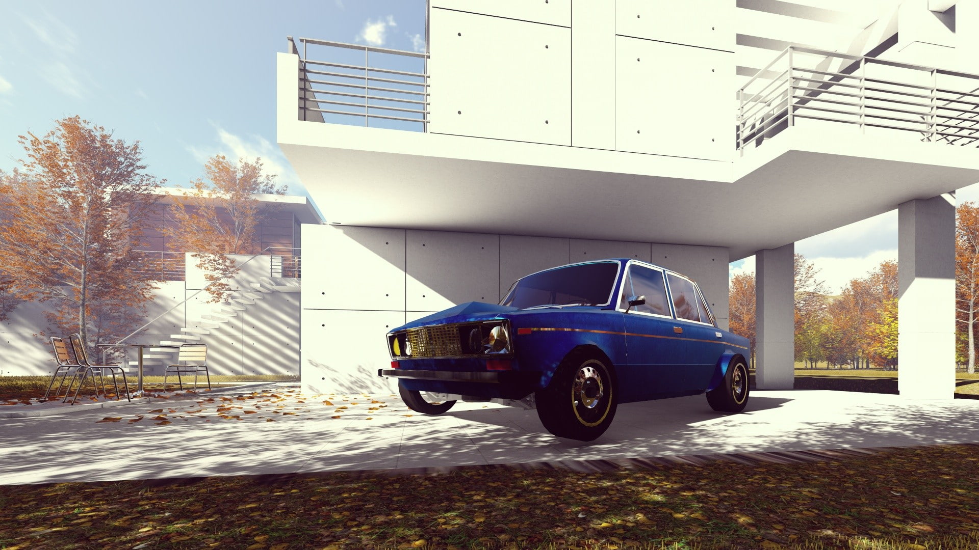 nature, building exterior, mode of transportation, lada car render blue old school wheels, plant, 1080P, sunlight, sky, street, architecture, transportation, HD Wallpaper